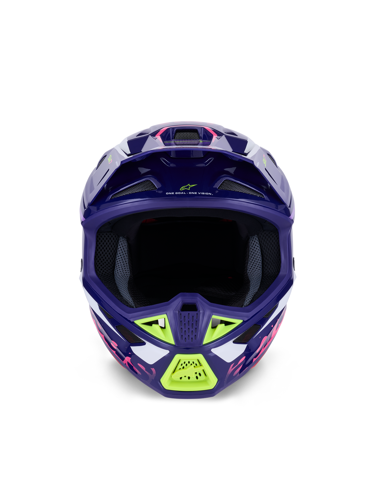 Alpinestars S-M7 Deed Helm ECE 22.06, motorcrosshelm, glanzend paars-roze met limoengroene en witte accenten, vooraanzicht met de brede oogopening en het ventilatiesysteem, aerodynamisch composietschaalontwerp voor off-road racen.