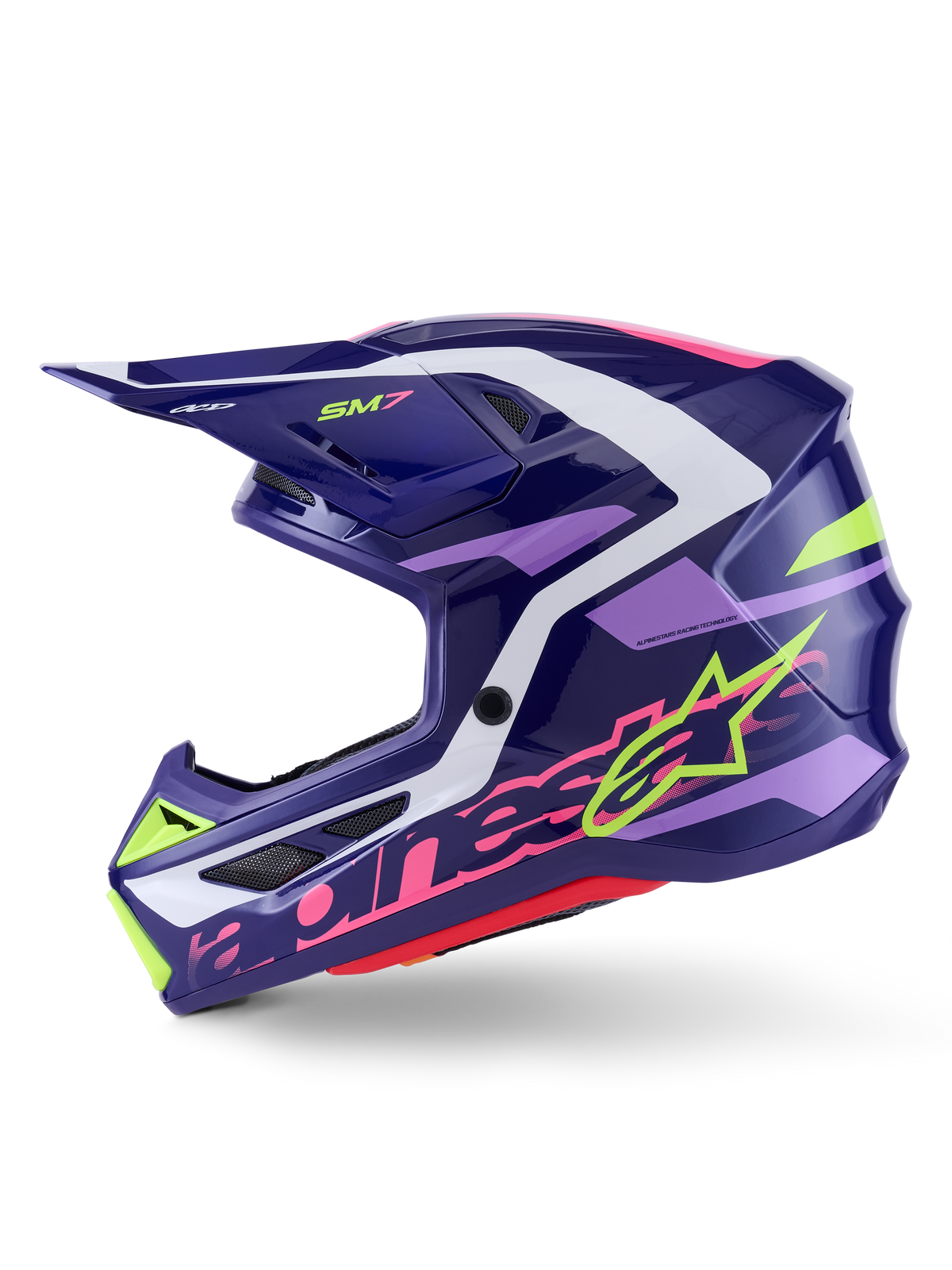 Alpinestars S-M7 Deed motorcrosshelm, Purple Pink Glossy, zijaanzicht, voorzien van opvallende limoengroene en roze Alpinestars-branding, aerodynamische schaal met witte en lichtpaarse accenten, glanzende afwerking, ontworpen voor off-road racen