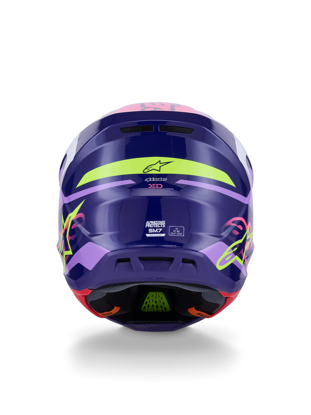 Alpinestars S-M7 Deed Helm ECE 22.06, motorcrosshelm, achteraanzicht in glanzend paars-roze, voorzien van neongele en roze graphics, aerodynamische composietschaal met SM7-branding en certificeringsmarkeringen, hoogwaardige off-road race-uitrusting