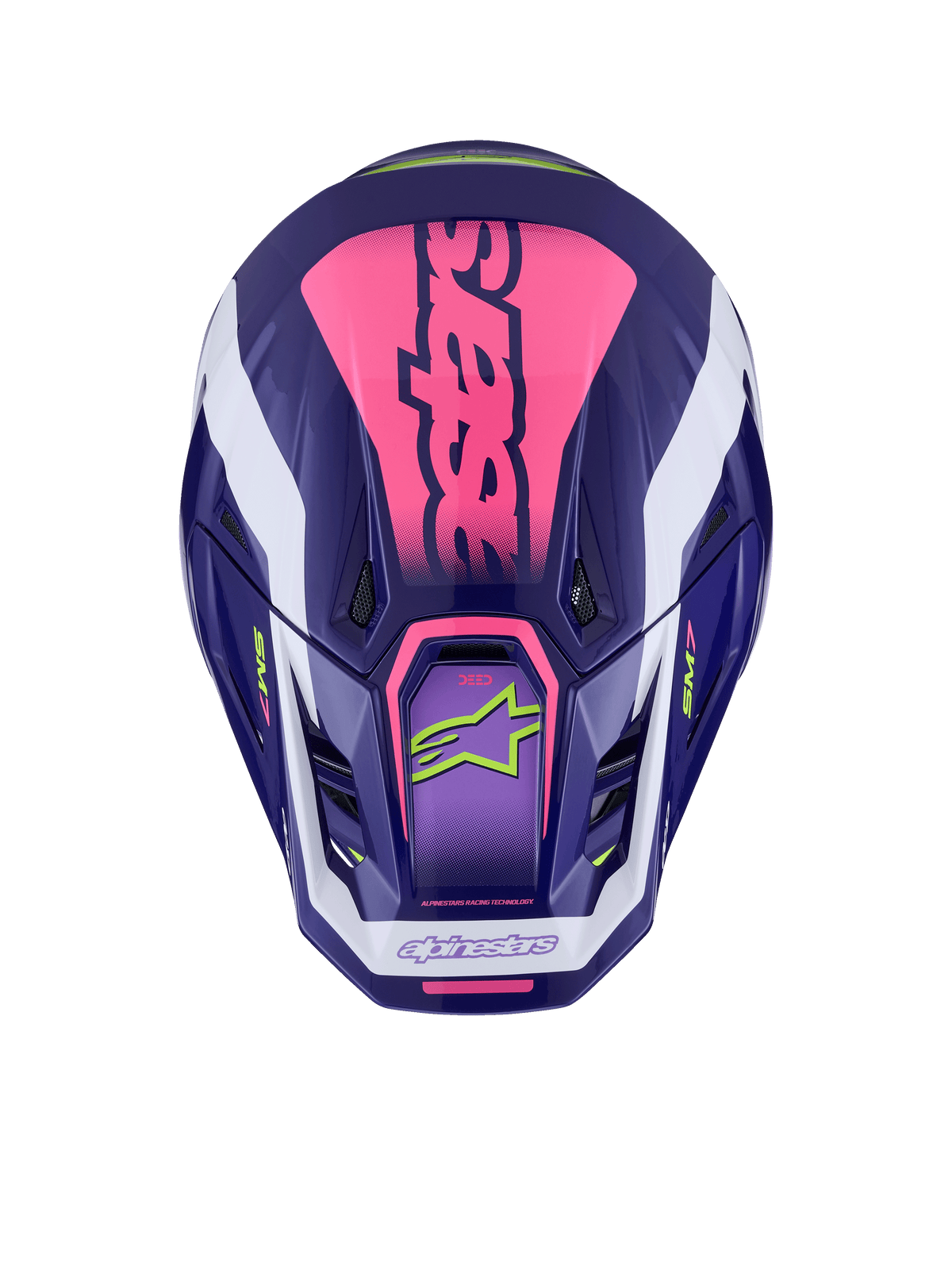 Alpinestars S-M7 Deed Helm, bovenaanzicht, Purple Pink Glossy, opvallende roze branding bovenop, witte accenten, limoengroene logo's, ventilatieopeningen, glanzende afwerking, hoogwaardige motorcrossbescherming
