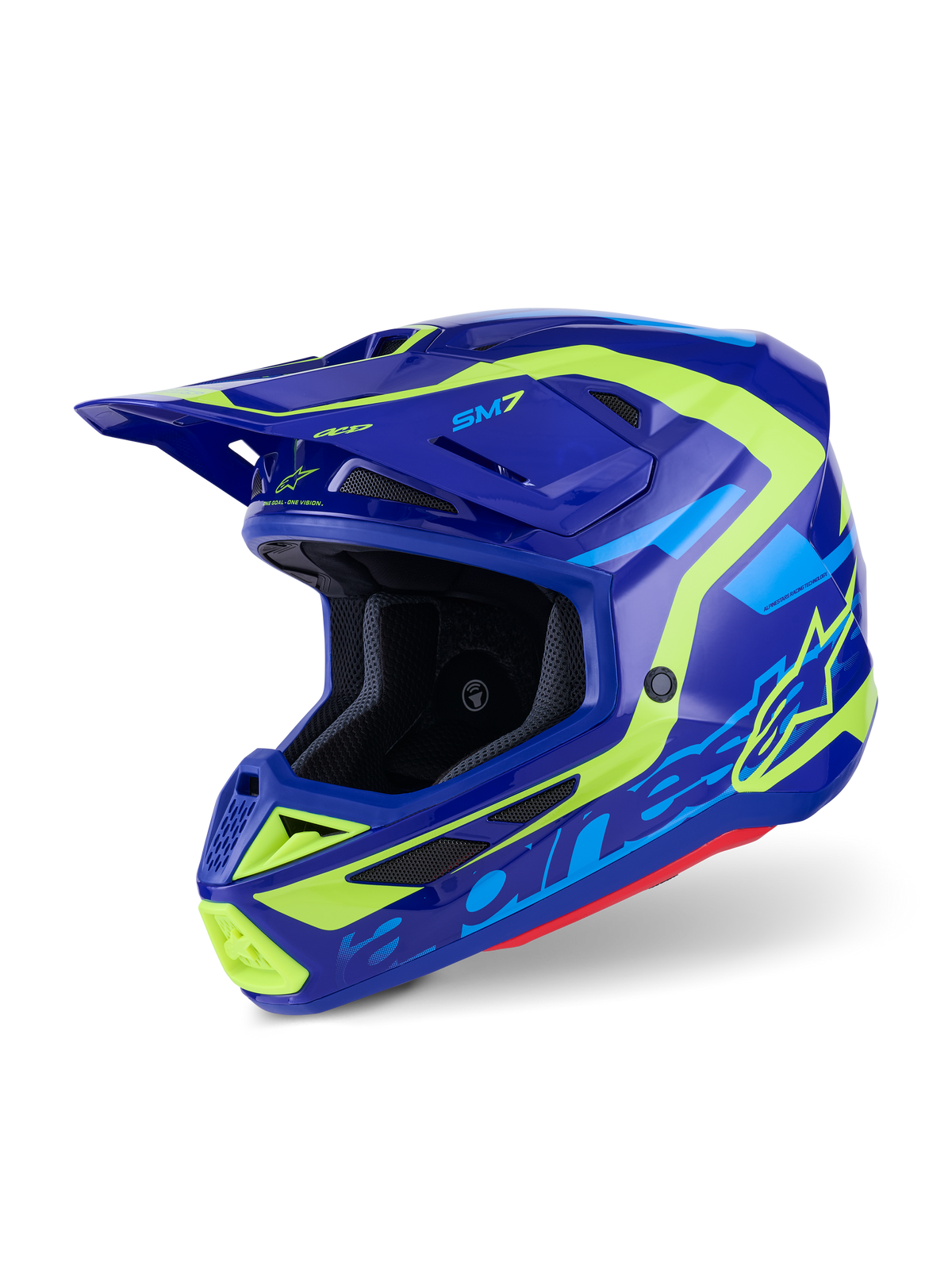 Alpinestars S-M7 Deed Helm, Motocross-Helm, Blau und Neongelb glänzend, aerodynamisches Design mit mehreren Belüftungsöffnungen, mit markantem Alpinestars-Branding und SM7-Logo, professioneller Schutz für Offroad-Rennsport