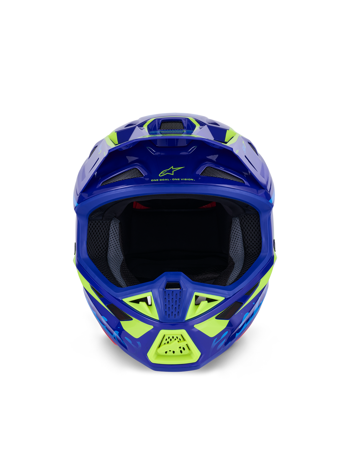 Alpinestars S-M7 Deed Helm, Motocross-Helm, Blau, Fluorgelb, Glänzend, Vorderansicht mit Fokus auf die breite Augenöffnung und mehrere Lufteinlässe mit Mesh-Abdeckung, aerodynamische Schale mit neongelben Akzenten und Alpinestars-Branding, professioneller Offroad-Kopfschutz