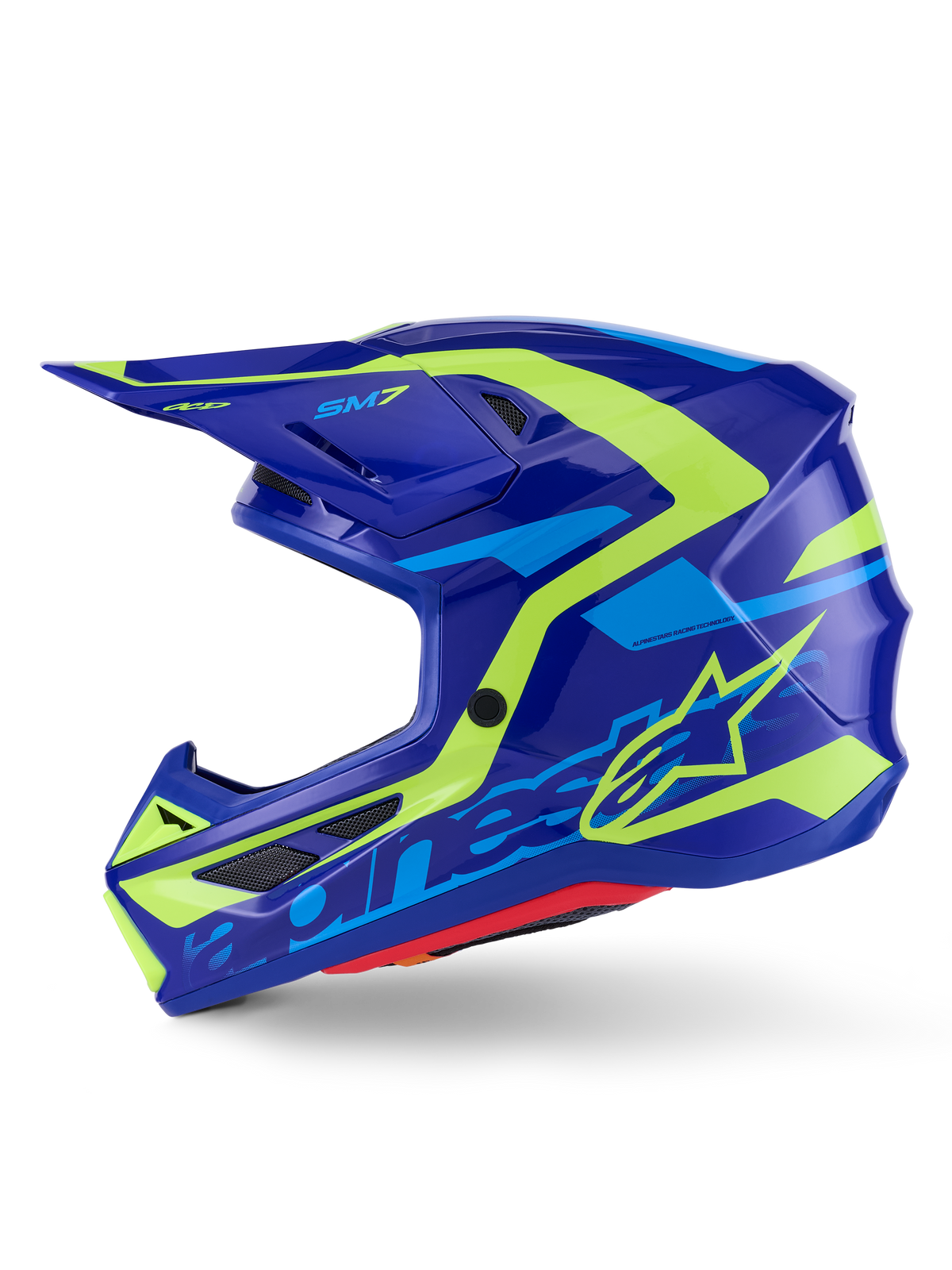 Alpinestars S-M7 Deed Helm, Motocross-Helm, Blau Gelb Fluo Glänzend, Seitenansicht, elegante aerodynamische Verbundschale mit leuchtend gelben und hellblauen Grafiken, mit netzabgedeckten Belüftungsöffnungen und Visier für Offroad-Performance