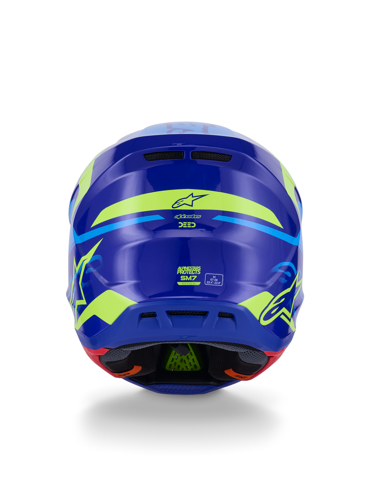 Alpinestars S-M7 Deed Helm ECE 22.06, Motocross-Helm, Rückansicht, Blau Gelb Fluo Glänzend, mit auffälligen fluoreszierend gelben Grafiken und Stern-Logos, hinteren Belüftungsöffnungen und sichtbarer Innenpolsterung mit grüner PLASMA-Technologie.