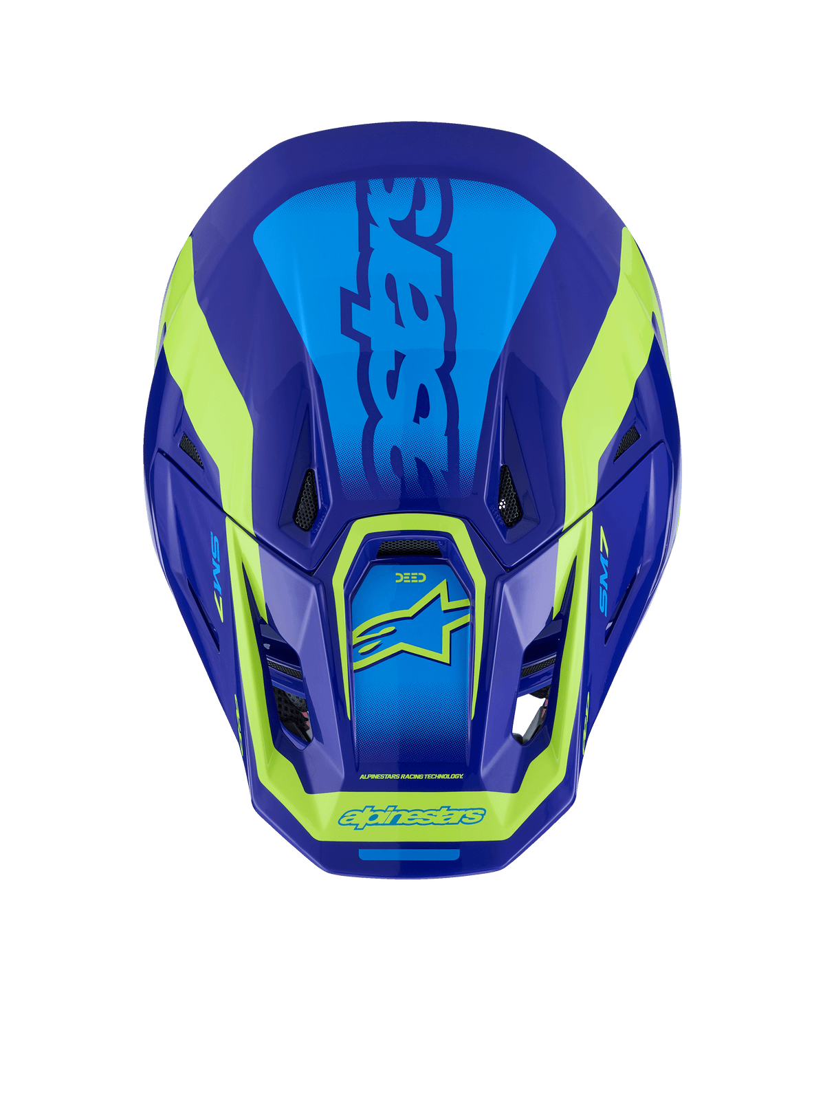 Alpinestars S-M7 Deed Helm, Motocross-Helm, Blau und Gelb Fluo Glänzend, Draufsicht mit aerodynamischer Schale, Belüftungsöffnungen und markantem neongelbem Branding auf einem tiefblauen Finish.