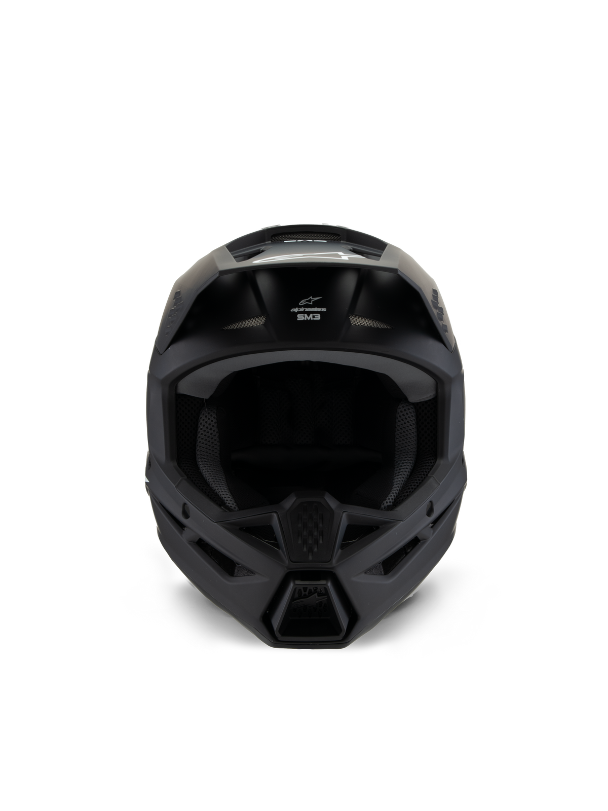 Alpinestars S-M3 Junior Solid Helmet, casque de motocross, noir mat, vue de face, doté d'une finition mate, orifices de ventilation sur la mentonnière et le front, logo SM3 blanc, design aérodynamique épuré pour la course tout-terrain