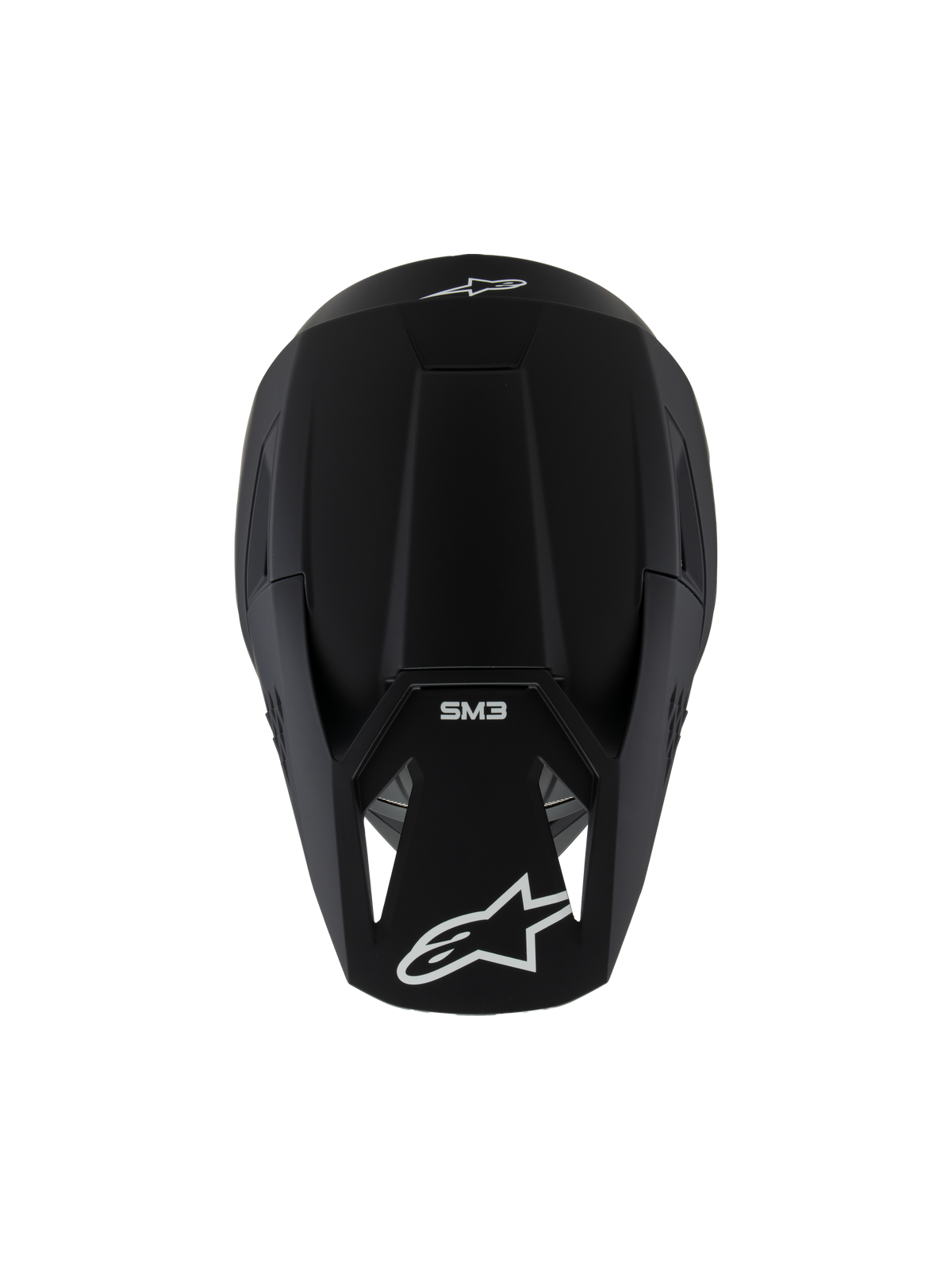 Alpinestars S-M3 Youth Solid Helmet ECE 22.06, casque de motocross, noir mat, vue de dessus montrant les logos blancs et le marquage SM3, design aérodynamique élégant pour la course tout-terrain