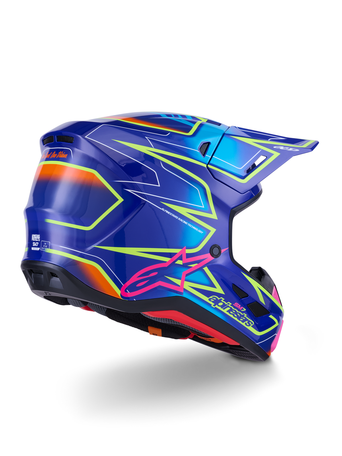 Alpinestars S-M7 Cast Helm, Motocross-Helm, Blau, Pink und Gelb Fluo Glänzend, Dreiviertel-Rückansicht mit aerodynamischer Schale, markanten kantigen Grafiken, pinkfarbenem Astar-Logo und integrierten Belüftungsöffnungen für den Offroad-Rennsport