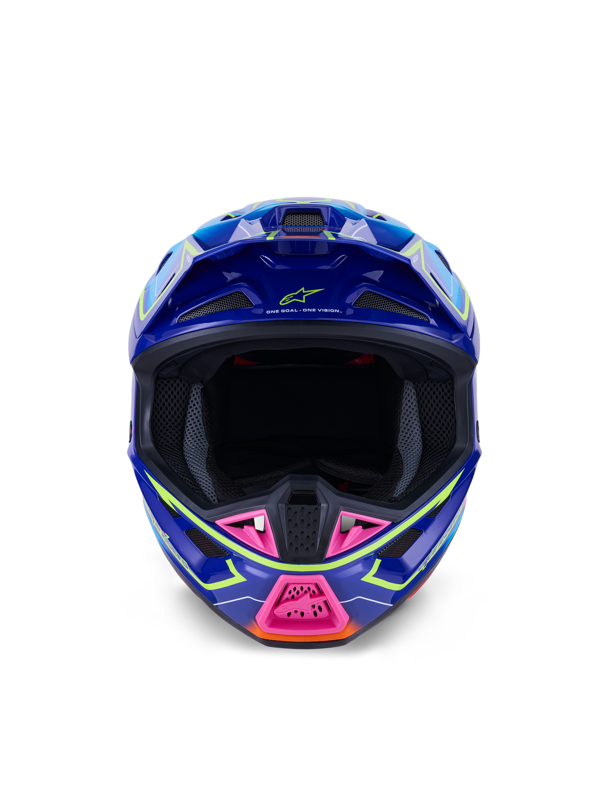 Alpinestars S-M7 Cast Helm ECE 22.06, Motocross-Helm, Blau, Pink und Fluo-Gelb glänzend, Frontansicht zeigt aggressive aerodynamische Schale, belüfteter Kinnschutz mit pinkfarbenen Akzenten und breite Augenöffnung für Offroad-Rennsport