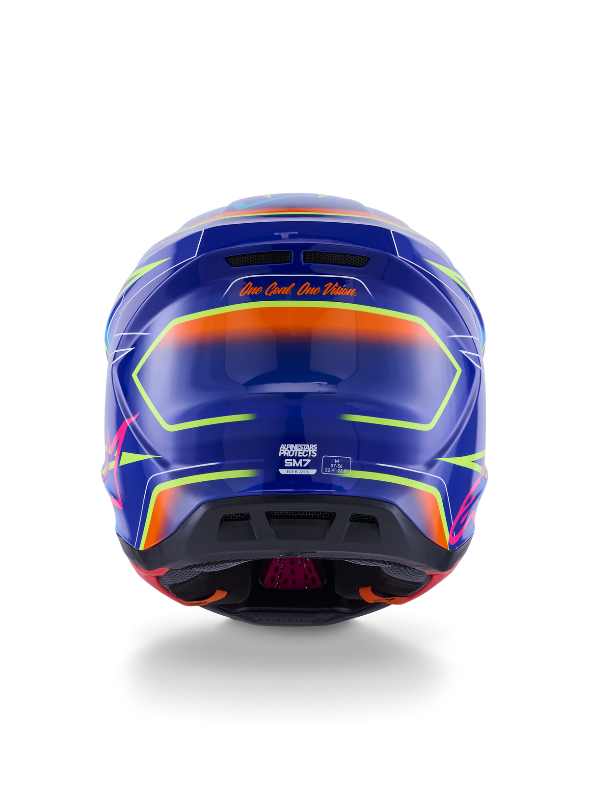 Alpinestars S-M7 Cast Helm ECE 22.06, Motocross-Helm, Blau, Pink und Gelb Fluo Glänzend, Rückansicht mit dem Slogan 'One Goal. One Vision.', aerodynamische Verbundschale mit integrierten Belüftungsöffnungen und leuchtenden Neon-Akzenten