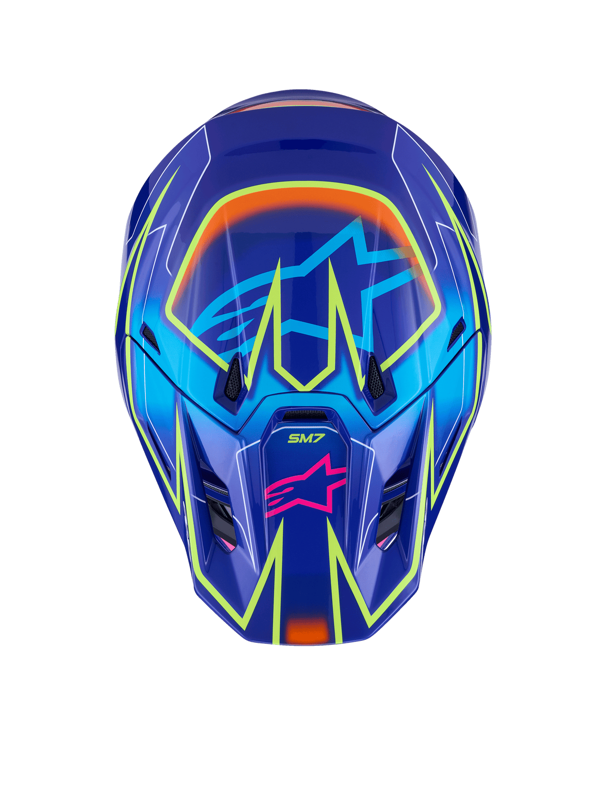 Alpinestars S-M7 Cast Helm, Motocross-Helm, Blau, Pink und Gelb Fluo Glänzend, Vorderansicht mit leuchtend gelben geometrischen Fluo-Linien, pinkes Alpinestars Stern-Logo am Kinnschutz und hellblaues Stern-Logo im Visierbereich, aerodynamisches Schalendesign für den Offroad-Rennsport