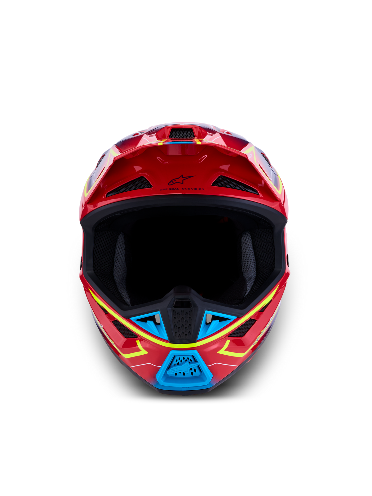 Alpinestars S-M7 Cast Motocross-Helm in Rot, Blau und Fluo-Gelb, ECE 22.06-zertifiziert, Frontansicht mit Belüftung