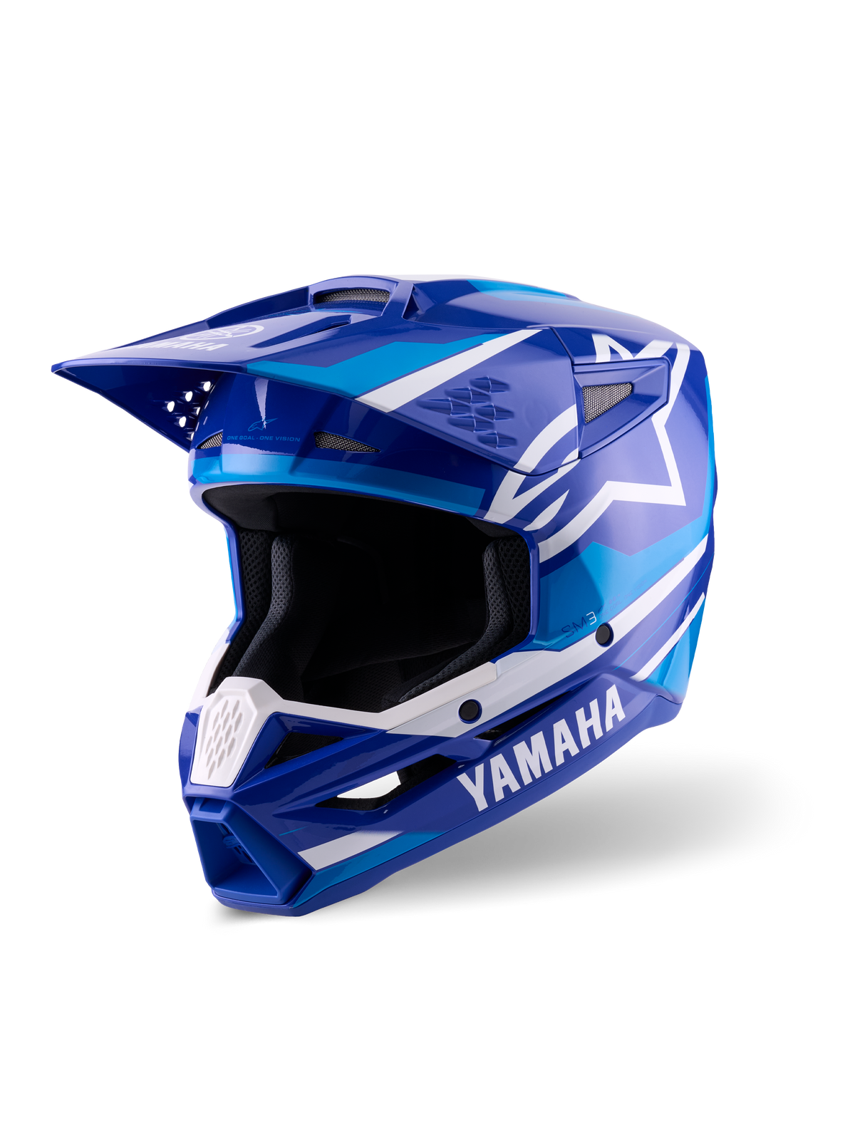 Alpinestars Yamaha S-M3 Helm, Motocross-Helm, Blau und Weiß glänzend, mit markantem Yamaha-Branding und Alpinestars Stern-Logo, kantiges Design mit Helmschirm und belüftetem Kinnschutz, professionelle Offroad-Rennausrüstung