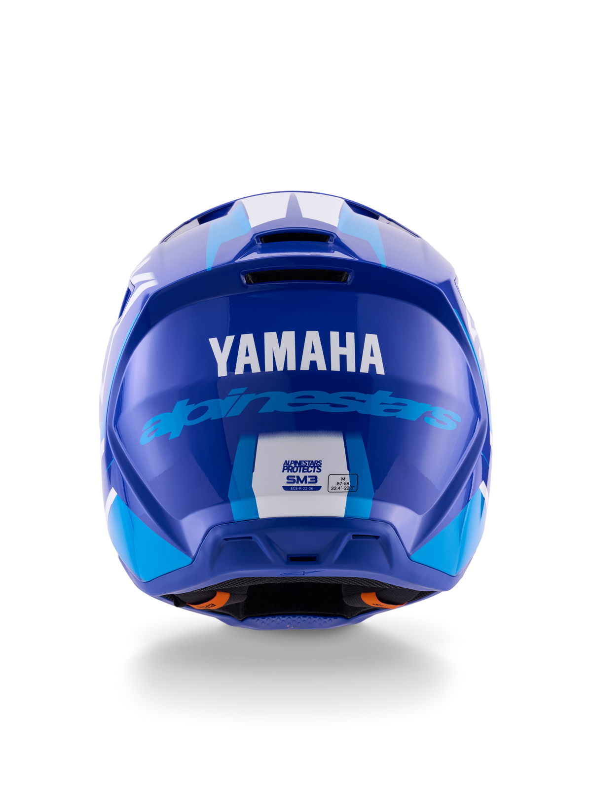 Alpinestars Yamaha S-M3 Helm, Motocross-Helm, Blau Weiß Glänzend, Rückansicht mit weißem YAMAHA-Logo und blauem Alpinestars-Schriftzug, elegantes glänzendes Finish mit sichtbaren Belüftungsöffnungen und Sicherheitszertifizierungen.