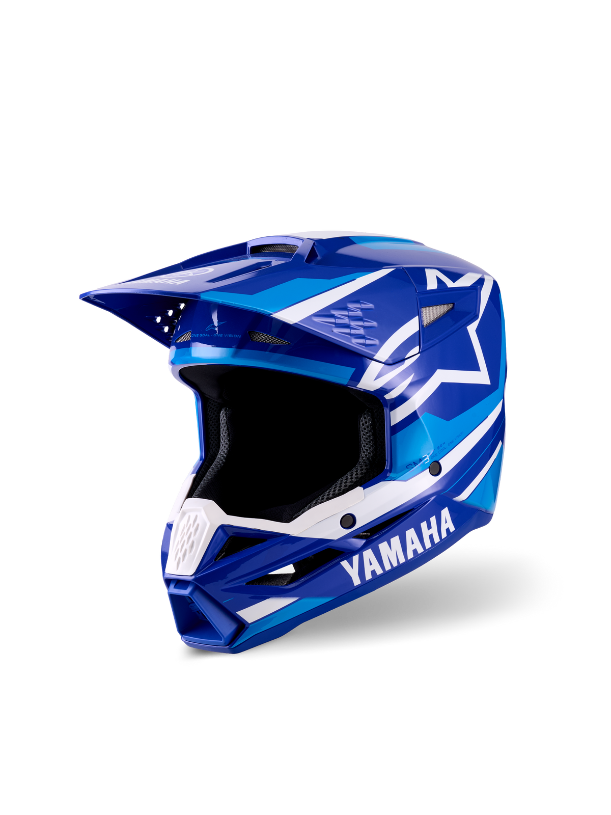 Alpinestars Yamaha S-M3 jeugd crosshelm, blauw en witte glanzende afwerking, voorzien van prominente Yamaha- en Alpinestars-logo's, aerodynamisch vizierontwerp, brede oogopening en geventileerd kinstuk voor off-road raceprestaties.