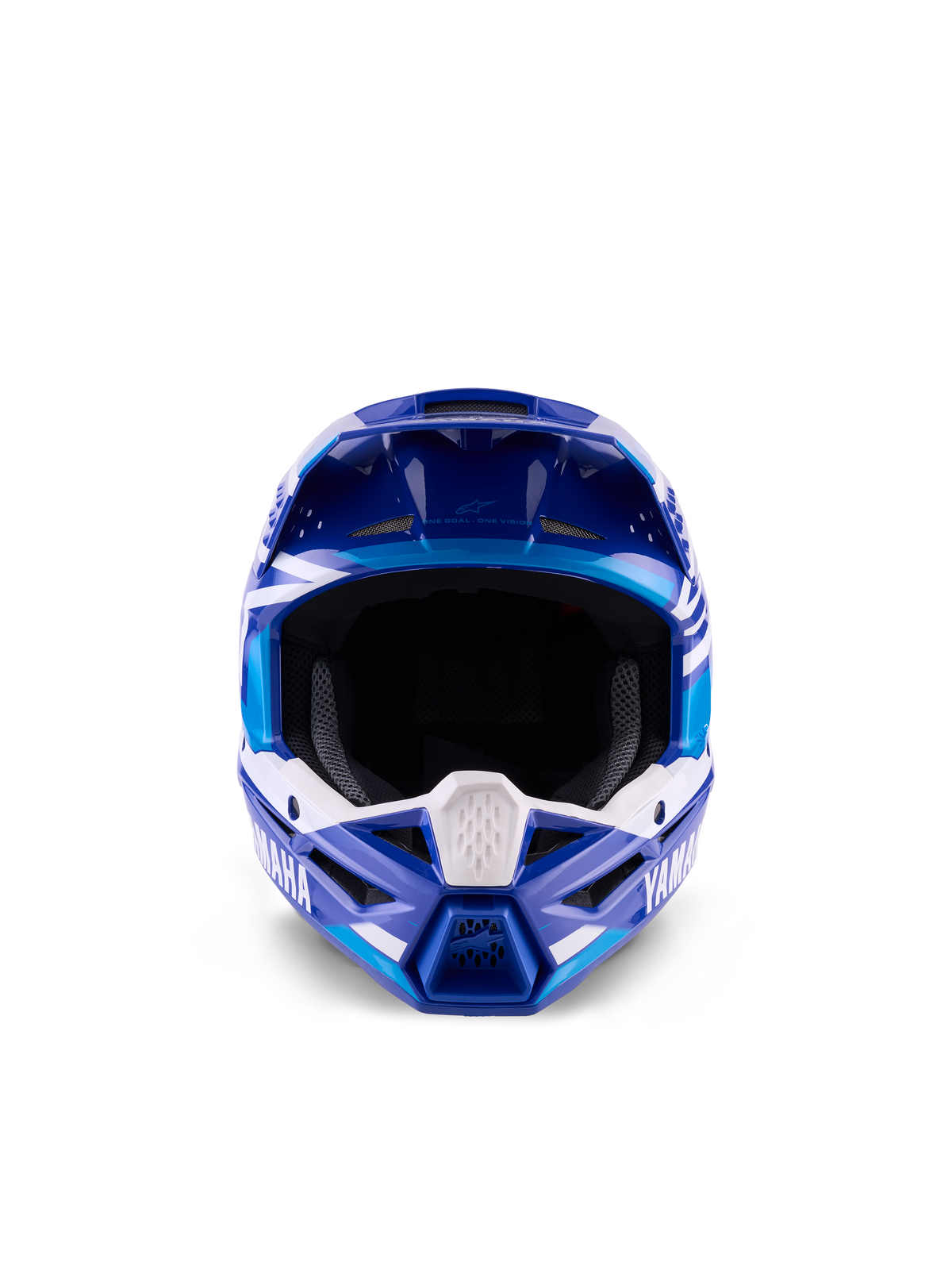 Alpinestars Yamaha S-M3 jeugd motocrosshelm, blauw en wit glanzend, vooraanzicht met nadruk op de brede oogopening en het agressieve kinstuk, voorzien van Yamaha-branding en geometrische graphics, professionele off-road hoofdbescherming voor jonge rijders