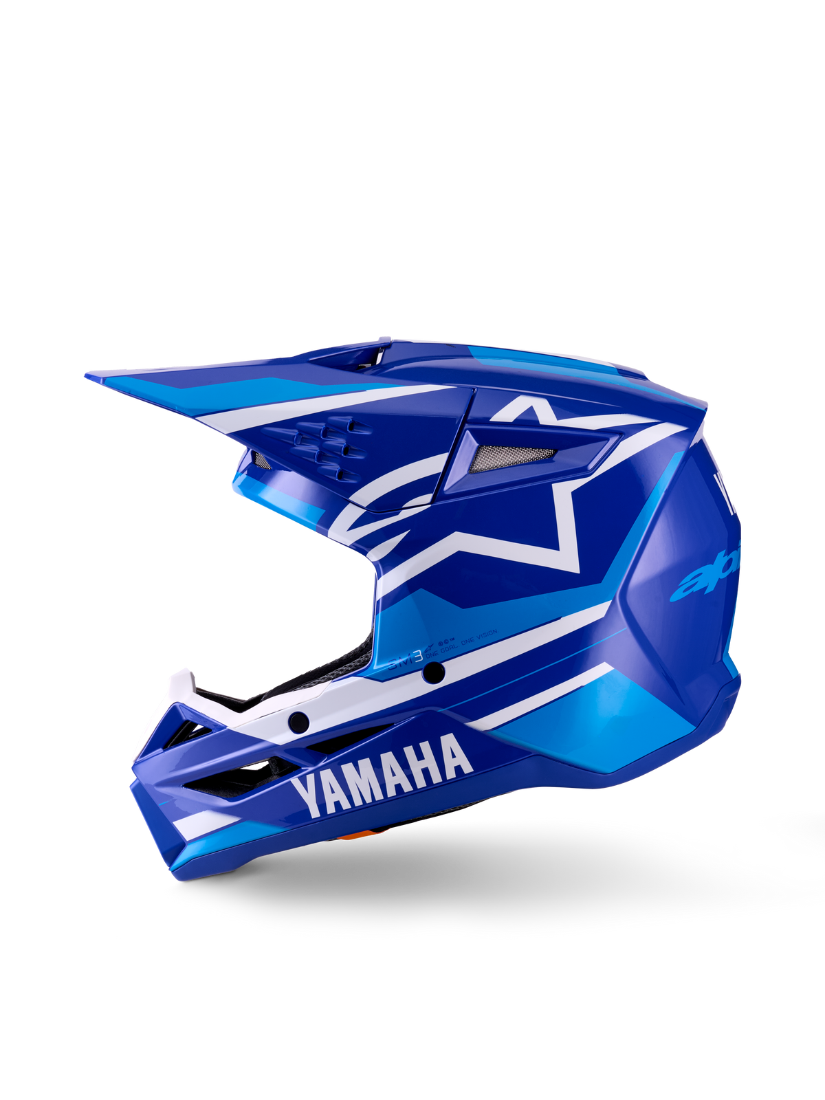 Yamaha S-M3 Youth Motocross Helmet, jeugd motorcrosshelm, blauw wit glanzend, zijaanzicht, met opvallende Yamaha-branding op de kinbeschermer en Alpinestars ster-logo, gestroomlijnde aerodynamische schaal met meerdere ventilatieopeningen en geïntegreerde klep.