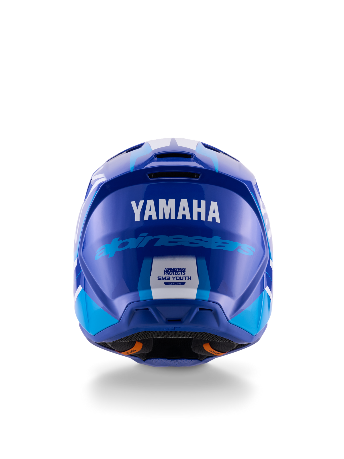 Yamaha S-M3 Jeugd Motocross Helm, achteraanzicht, blauw en wit glanzend, met opvallende Yamaha en Alpinestars branding, aerodynamisch schaalontwerp met ECE 22.06 veiligheidslabel, professionele hoofdbescherming voor off-road racing