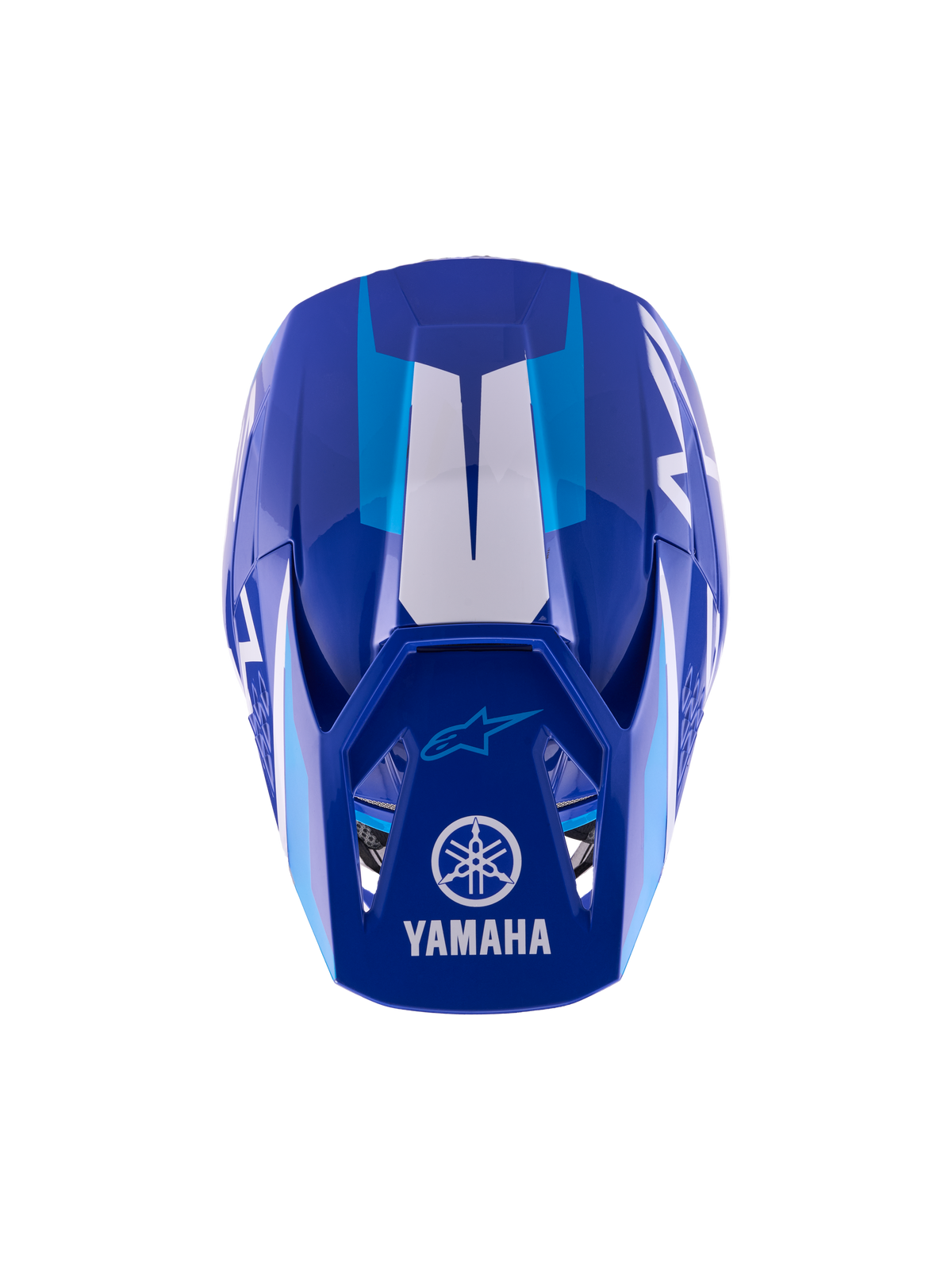 Alpinestars Yamaha S-M3 jeugd motorcrosshelm, Blue White Glossy, bovenaanzicht van de buitenschaal en de klep, voorzien van Yamaha- en Alpinestars-logo's, aerodynamisch ontwerp met glanzende afwerking en witte grafische accenten.