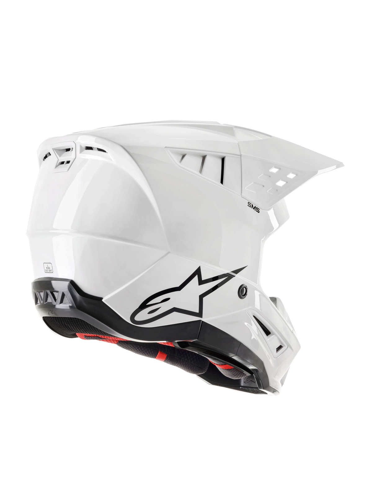 Alpinestars S-M5 Solid helm ECE 22.06, motorcross helm, glanzend wit, driekwart achteraanzicht met zwart Astars-logo, geïntegreerde ventilatieopeningen en strak aerodynamisch schaalontwerp