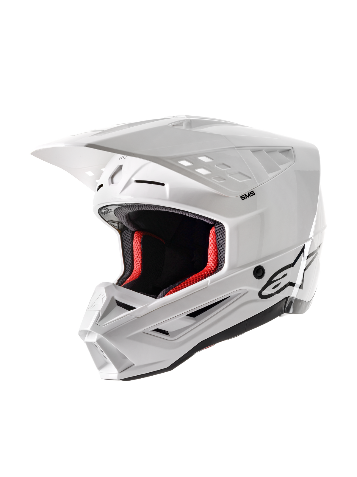 Alpinestars S-M5 Solid helm ECE 22.06, motorcrosshelm, glanzend wit, voorzien van rode binnenvoering, zwart Alpinestars-logo, aerodynamisch vizier en meerdere ventilatieopeningen voor off-road racebescherming