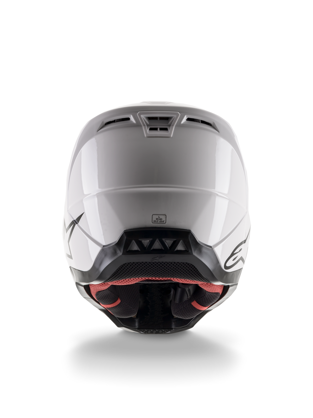 Alpinestars S-M5 Solid Helm ECE 22.06, motorcrosshelm, glanzend wit, achteraanzicht met aerodynamische ventilatieopeningen en zwarte rand aan de onderkant met logo's, gestroomlijnde beschermende uitrusting voor off-road racen
