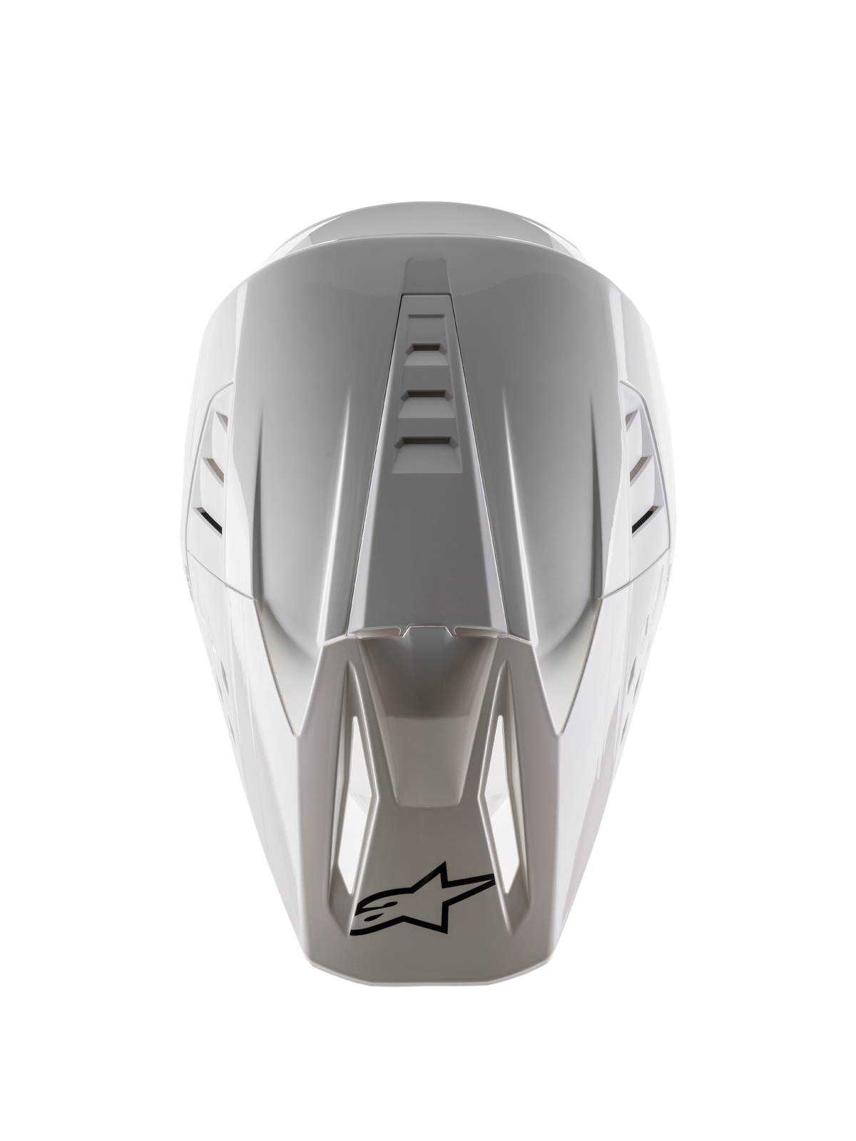 Alpinestars S-M5 Solid Helm ECE 22.06, motorcrosshelm, wit glanzend, bovenaanzicht met ventilatieopeningen aan de bovenzijde en zwart logo op de punt van de klep