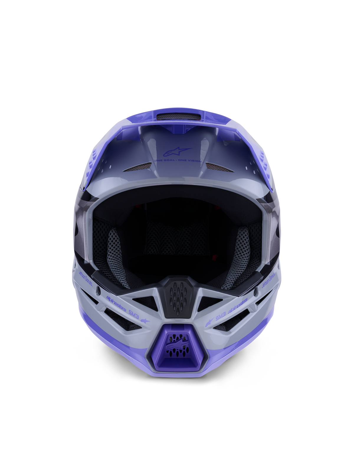 Alpinestars S-M3 Jettson Jugend-Helm, Motocross-Helm, glänzendes Finish in Grau, Lila und Schwarz, Vorderansicht mit großer Augenöffnung für Brillen und belüftetem Kinnschutz, professioneller Offroad-Kopfschutz.