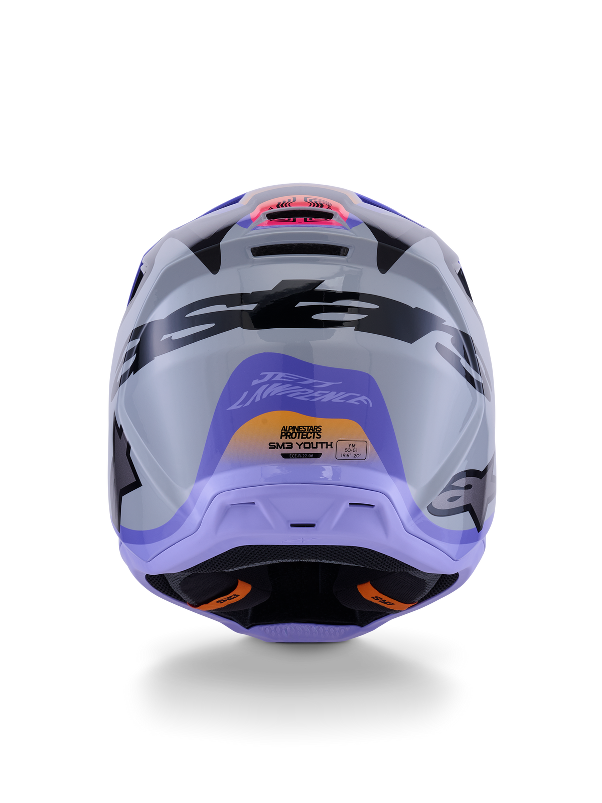 Alpinestars S-M3 Jettson Jugendhelm, Rückansicht, Grau mit lila und schwarzen glänzenden Grafiken, mit Jett Lawrence Signature-Design und Alpinestars-Logos, Offroad-Motocross-Helm