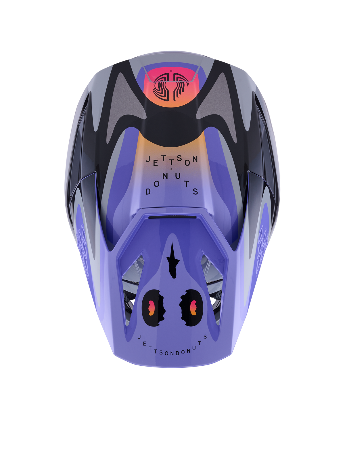 Alpinestars S-M3 Jettson Helm, Motocross-Helm, Grau-Lila-Schwarz Glänzend mit orangefarbenen und pinkfarbenen Farbverläufen, Draufsicht mit „Jettson Donuts“-Grafiken und Alpinestars-Logo auf dem Visier, glänzendes Finish.