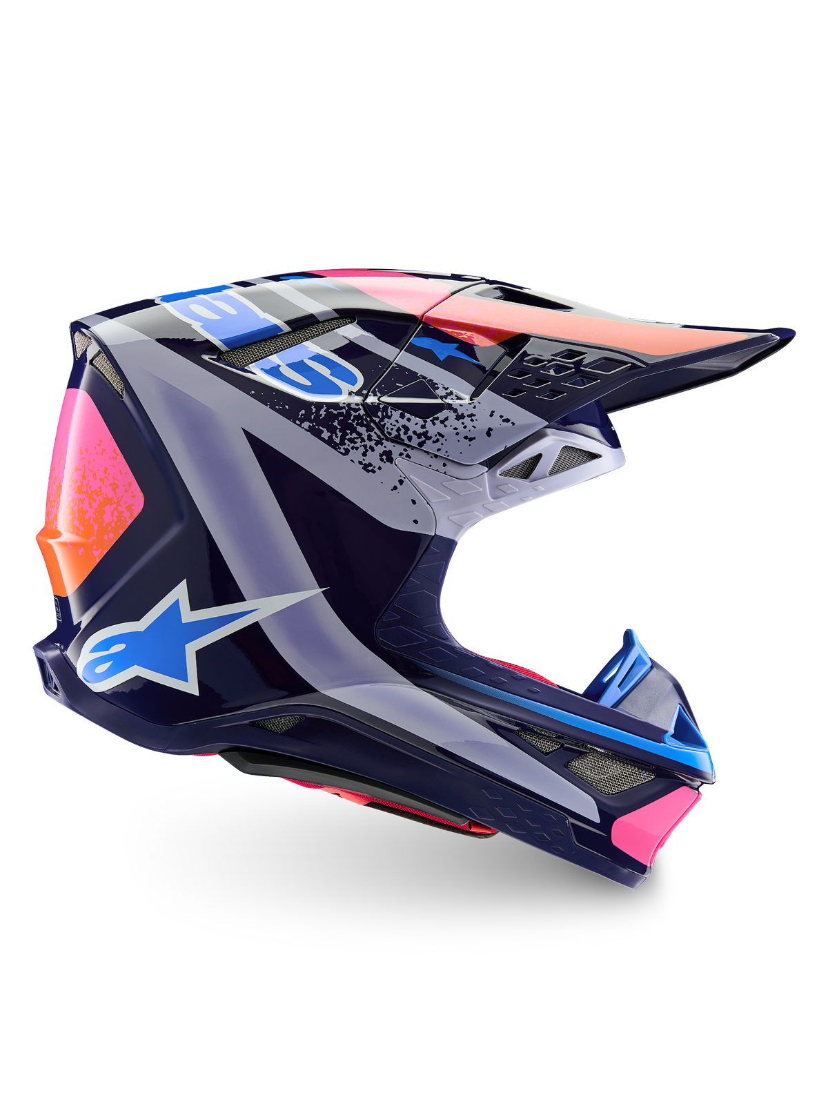 Alpinestars Limited Edition Supertech M10 Records Helm, Motocross-Helm, Mehrfarbig Glänzend, Dunkelblaue Basis mit leuchtend pinkfarbenen, orangefarbenen und hellblauen Records-Grafiken, Seitenprofil mit aerodynamischer Schale, Visier und Belüftungsöffnungen.