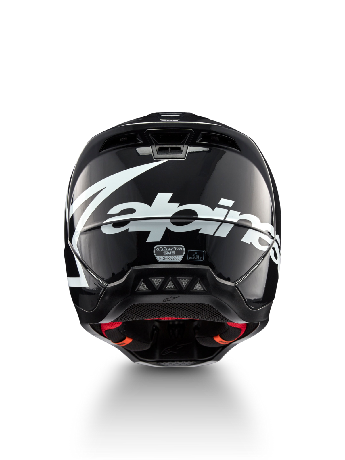 Alpinestars S-M5 Helm Corp, Motocross-Helm, Dunkelgrau glänzend, ECE 22.06, Rückansicht mit weißem Logo, Größe M.