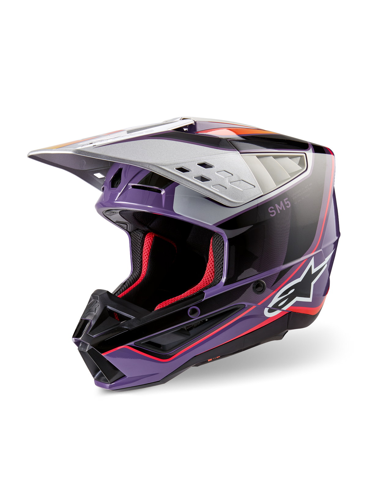 Alpinestars S-M5 Sail Helm ECE, motorcrosshelm, violet, zwart en zilver glanzend, voorzien van rode binnenvoering en accenten, glanzende afwerking met opvallend Alpinestars-logo, aerodynamisch zilveren vizier, professionele off-road beschermende uitrusting