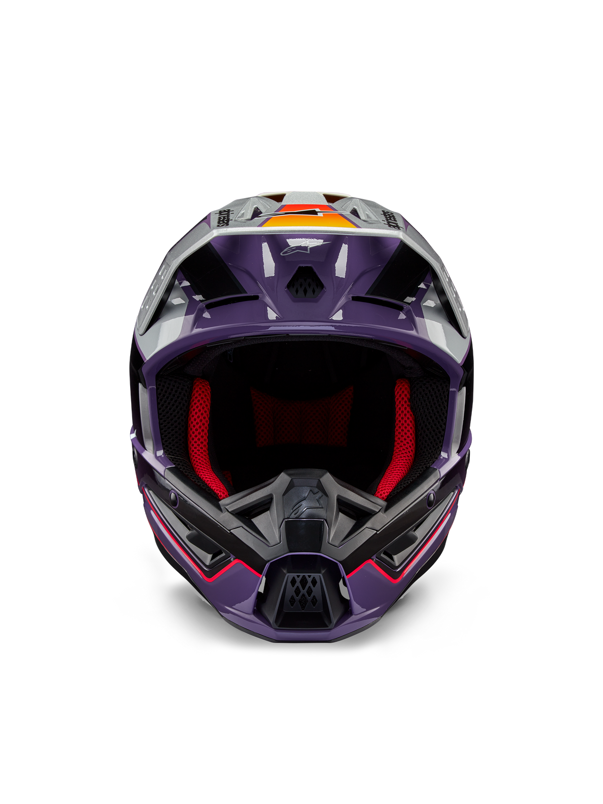 Alpinestars S-M5 Sail ECE helm, motorcrosshelm, violet, zwart en zilver glanzend, vooraanzicht met rode binnenvoering, geventileerd kinstuk en vizier met oranje accenten, gestroomlijnde aerodynamische schaal voor off-road bescherming