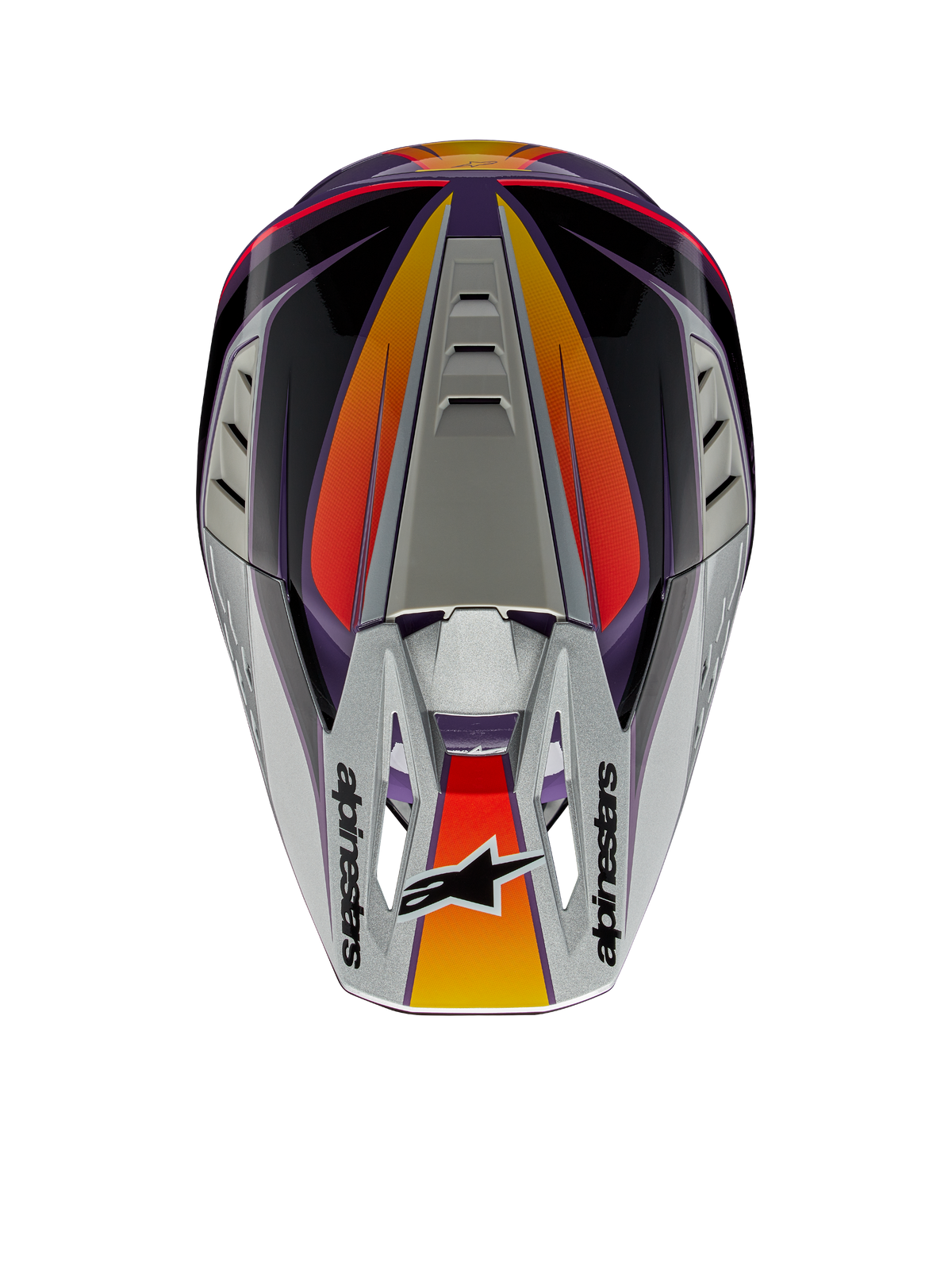Alpinestars S-M5 Sail helm ECE, motorcrosshelm, violet, zwart en zilver glanzend, bovenaanzicht met zilveren klep met Alpinestars-logo, oranje en rode kleurverloopaccenten, gestroomlijnde schaal met ventilatiepoorten, hoogwaardige off-road hoofdbescherming