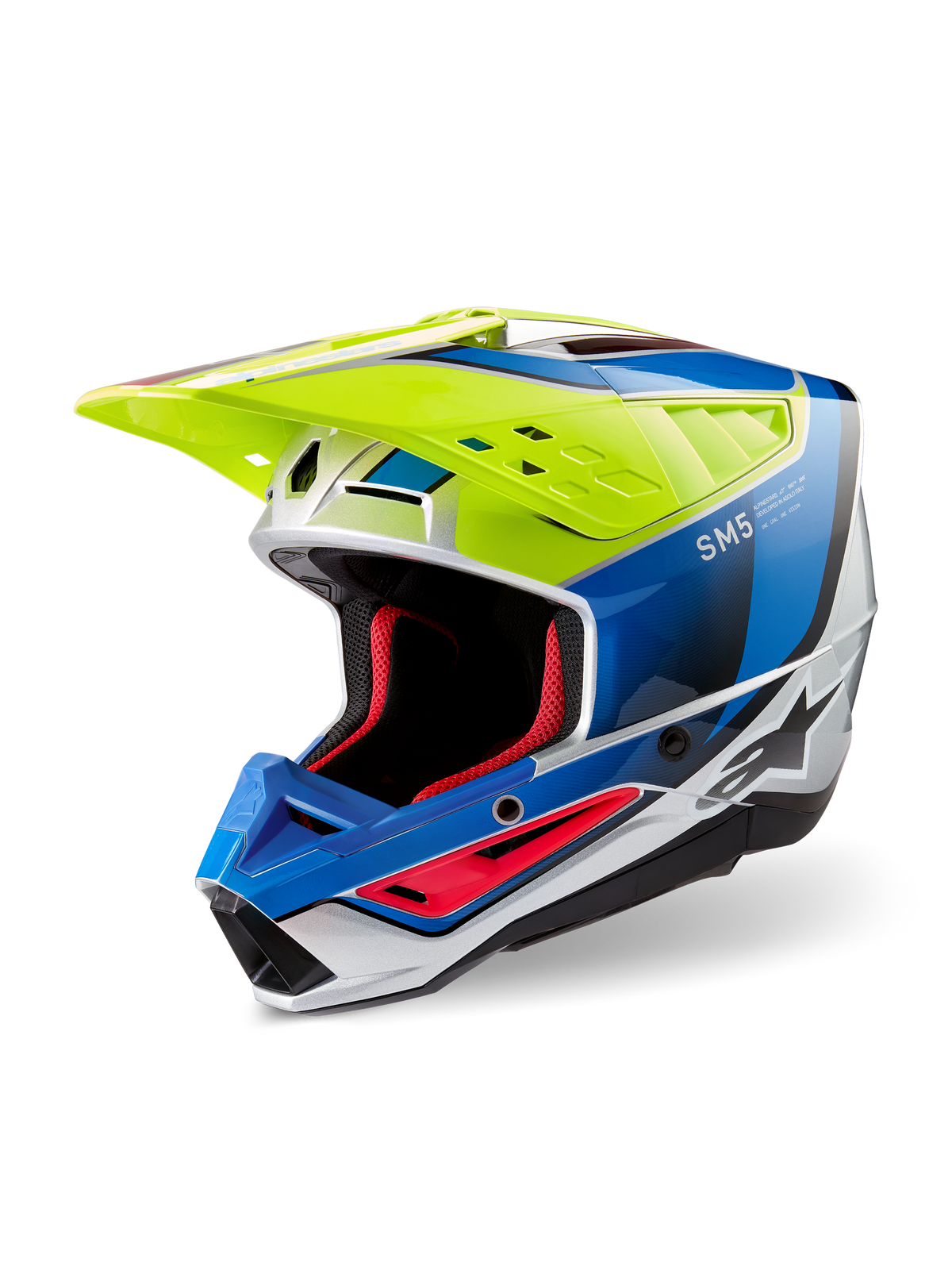 Alpinestars S-M5 Sail ECE helm, motorcrosshelm, fluoriserend geel, emaille blauw en glanzend zilver, met een aerodynamische thermoplastische schaal, rode binnenvoering en een vizier met hoge ventilatiedoorstroming voor off-road prestaties