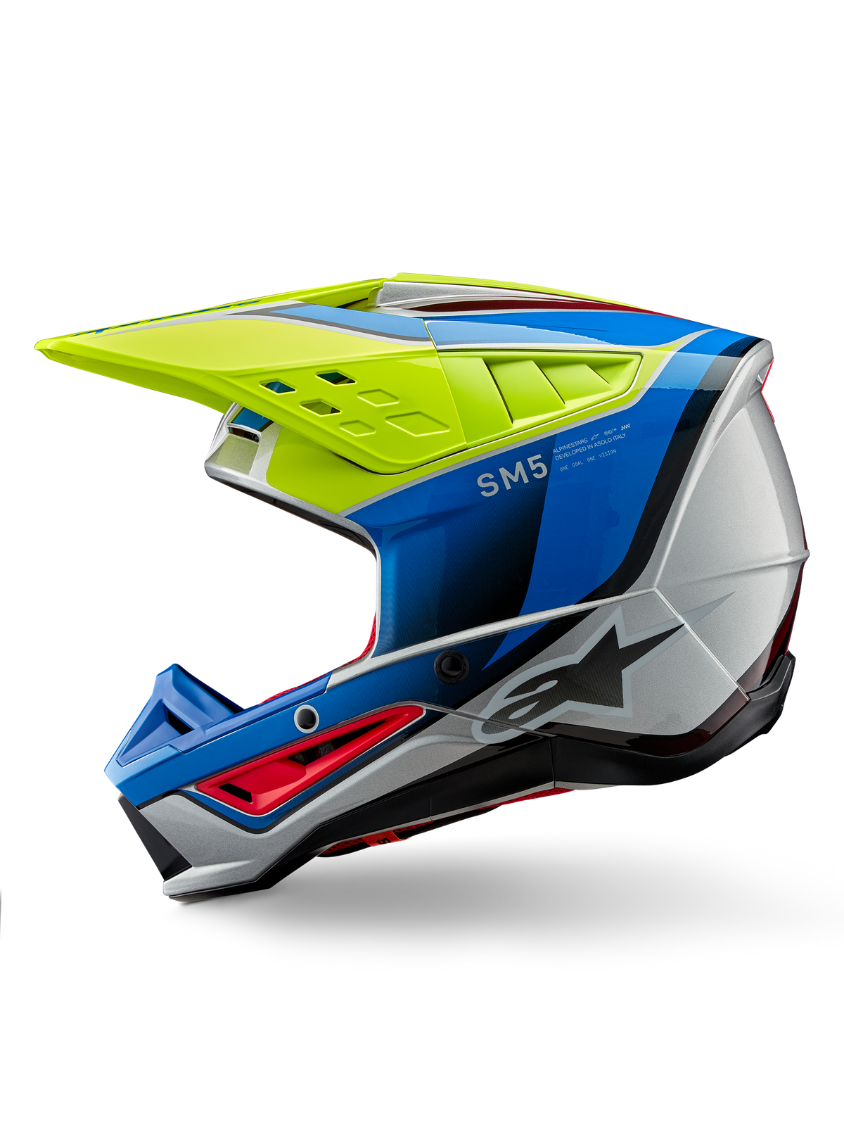 Alpinestars S-M5 Sail Helm ECE, motorcrosshelm, geel fluo, emailleblauw en glanzend zilver, zijprofiel, met een aerodynamisch ontwerp, geventileerd vizier en prominent Alpinestars-logo, hoogwaardige hoofdbescherming voor off-road racen