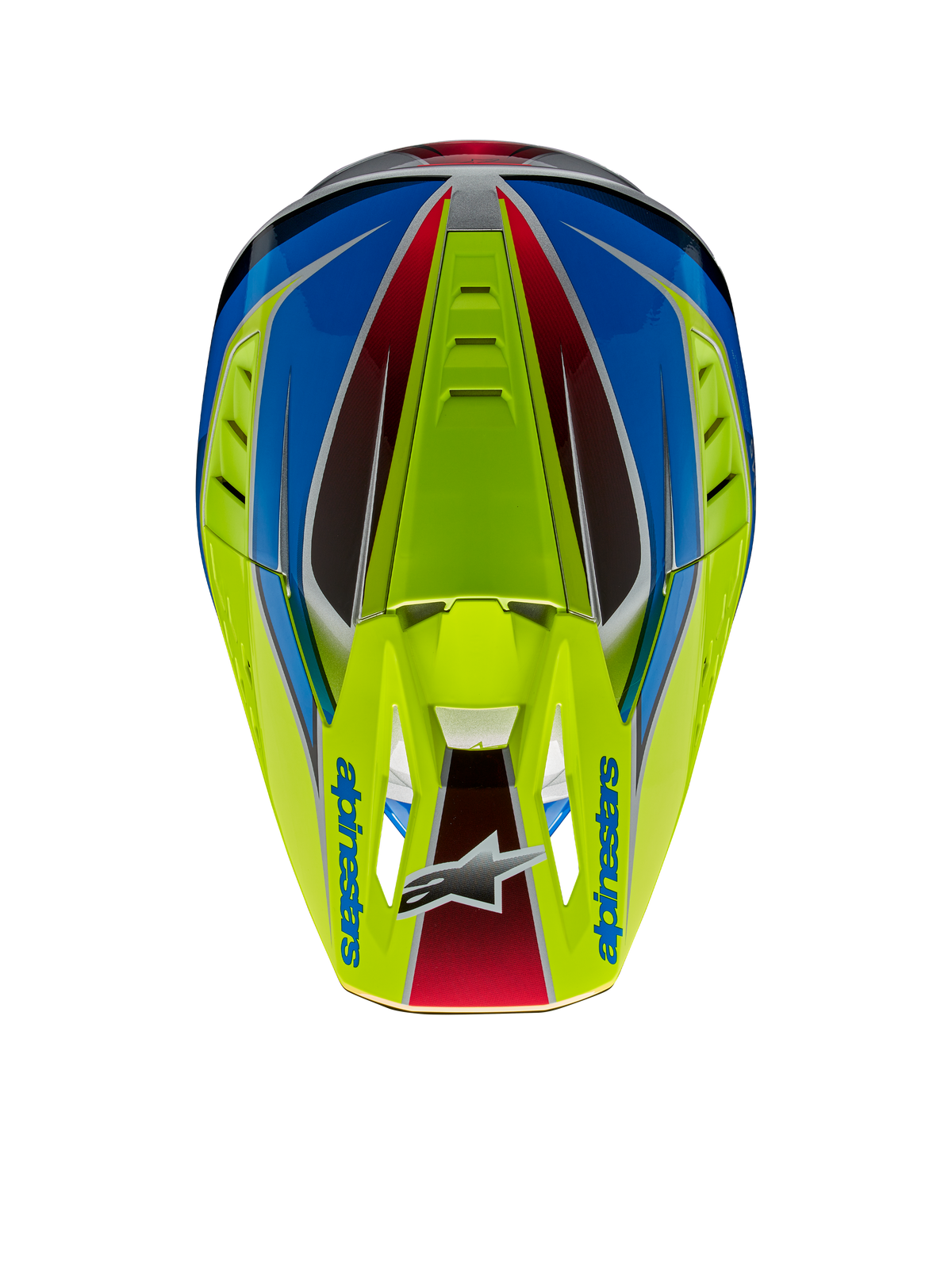 Alpinestars S-M5 Sail Helmet ECE, motorcrosshelm, geel fluo, enamel blauw en zilver glanzend, bovenaanzicht met de nadruk op het vizier met Alpinestars-logo en geïntegreerde ventilatieopeningen