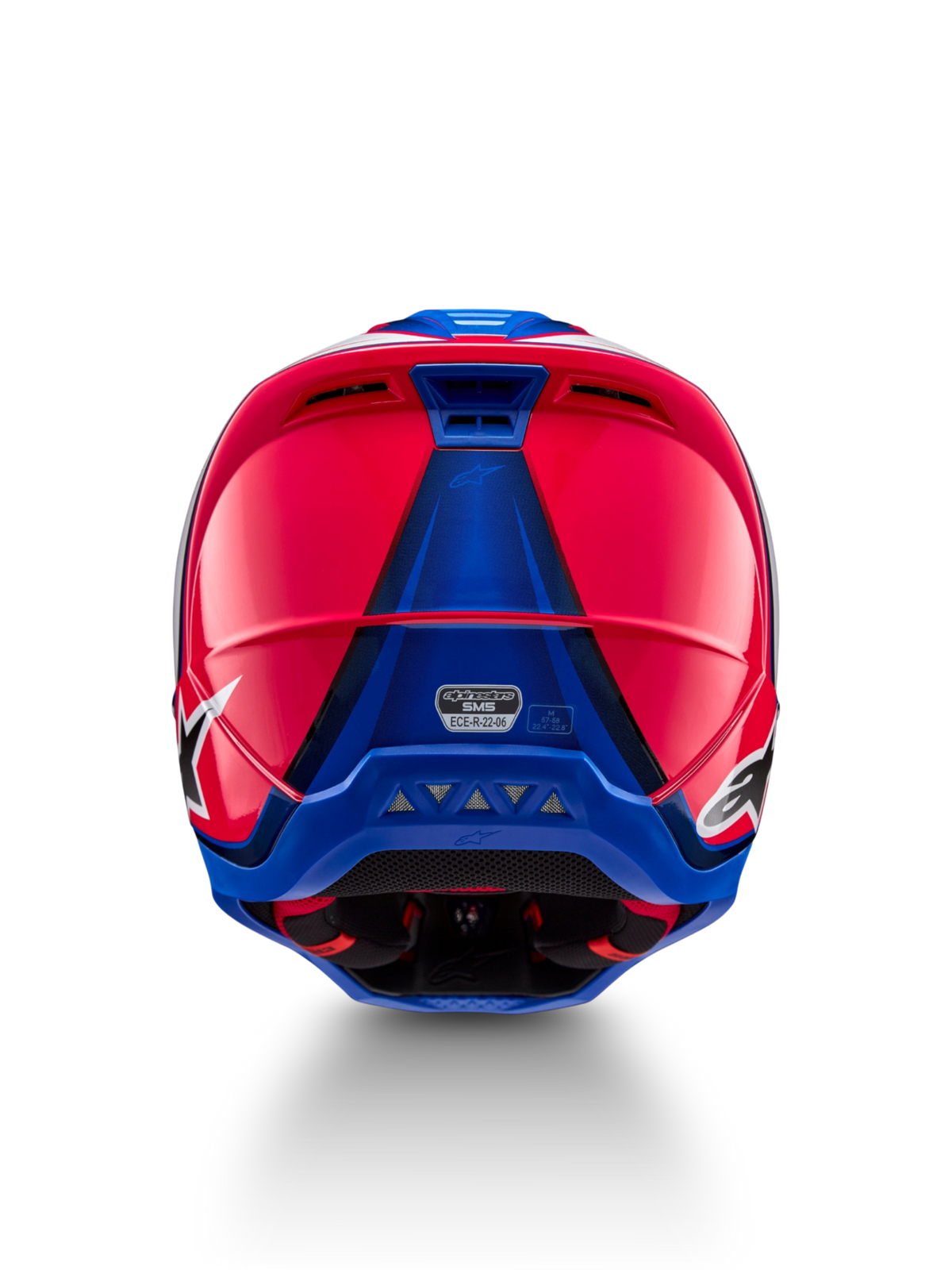 Alpinestars S-M5 Sail, casque de motocross rose et bleu, vue arrière avec extracteurs d'air et certification ECE 22.06