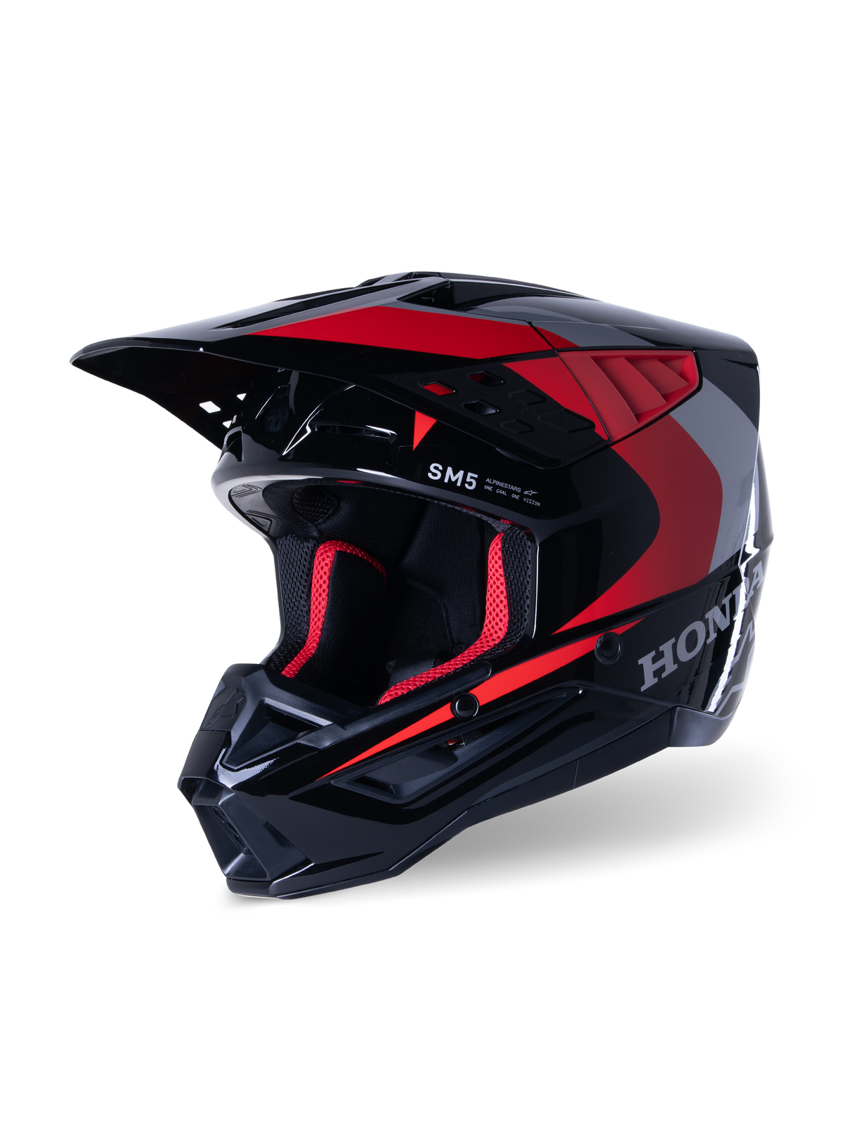 Casque Alpinestars Honda S-M5, casque de motocross, noir rouge brillant, avec graphismes Honda argentés et logo SM5, profil aérodynamique avec de grandes entrées d'air et une visière réglable, conçu pour la course tout-terrain