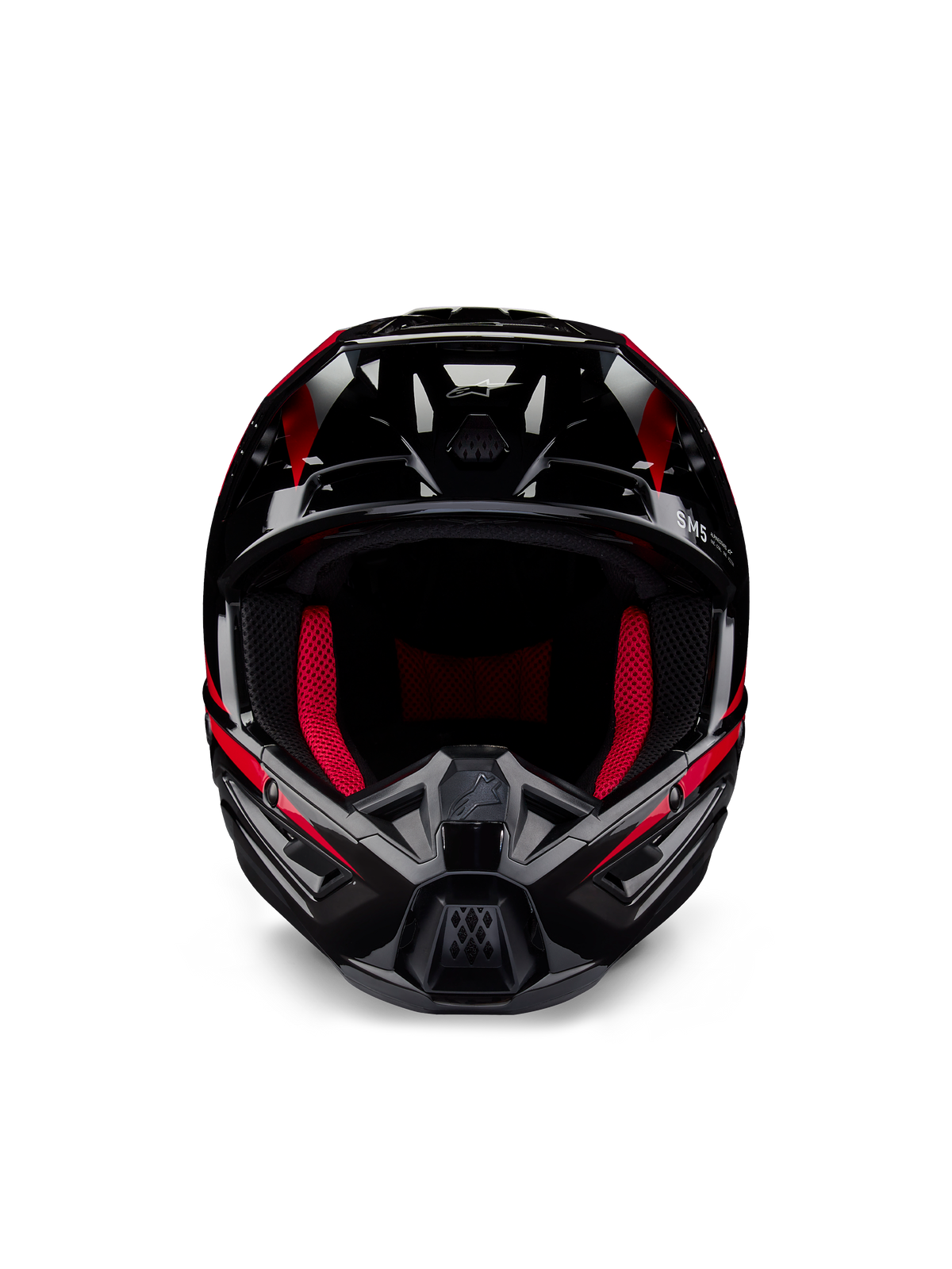 Alpinestars Honda S-M5 Helmet ECE, casque de motocross, noir et rouge brillant, vue de face présentant une finition noire brillante avec des graphismes rouges, rembourrage interne rouge vif, design angulaire avec de multiples entrées d'air, protection haute performance pour le motocross