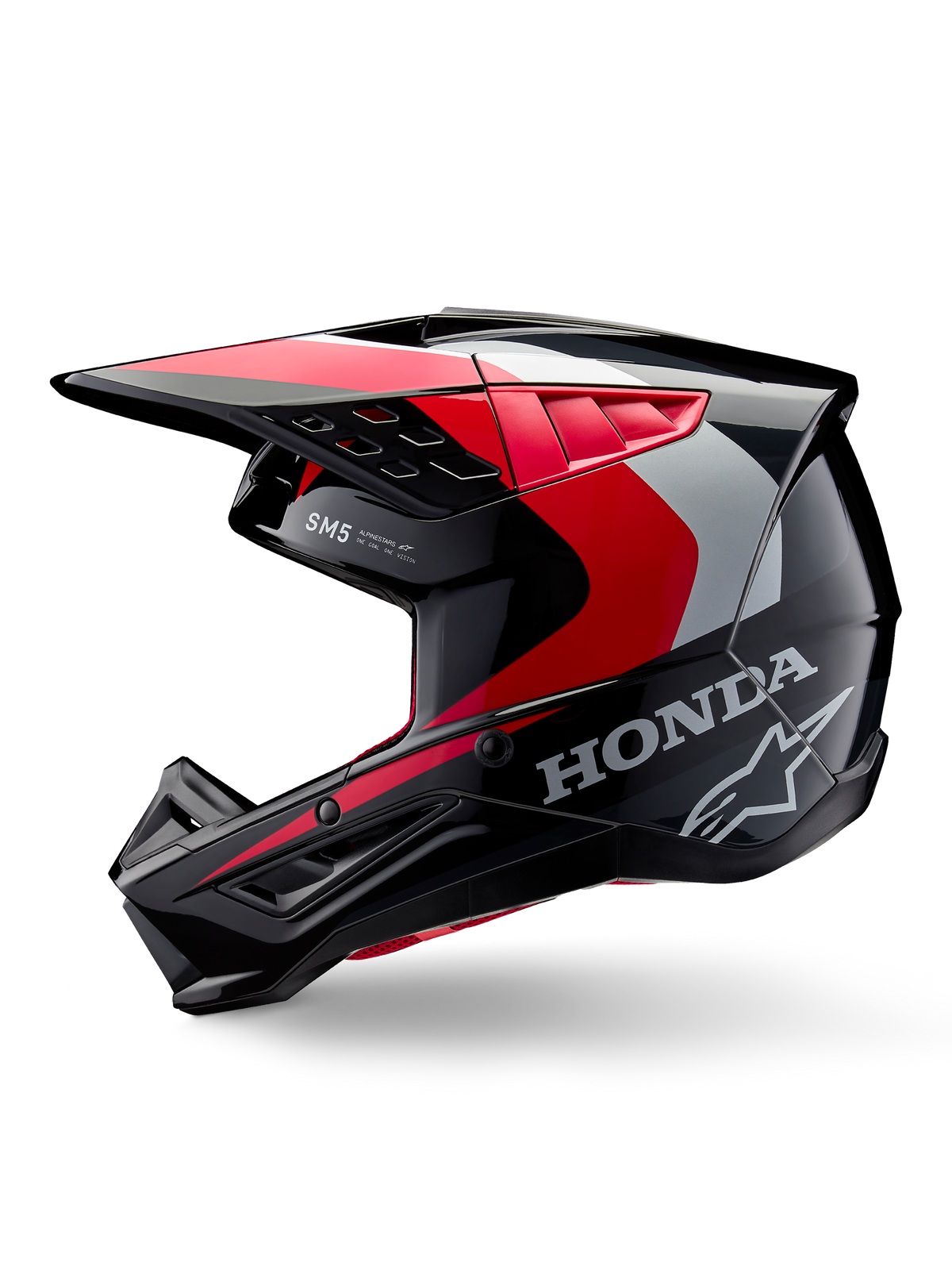 Casque Alpinestars Honda S-M5, casque de motocross, noir, rouge et argent brillant, vue de profil avec logos Honda et Alpinestars, design profilé avec visière intégrée et ports de ventilation pour la performance tout-terrain