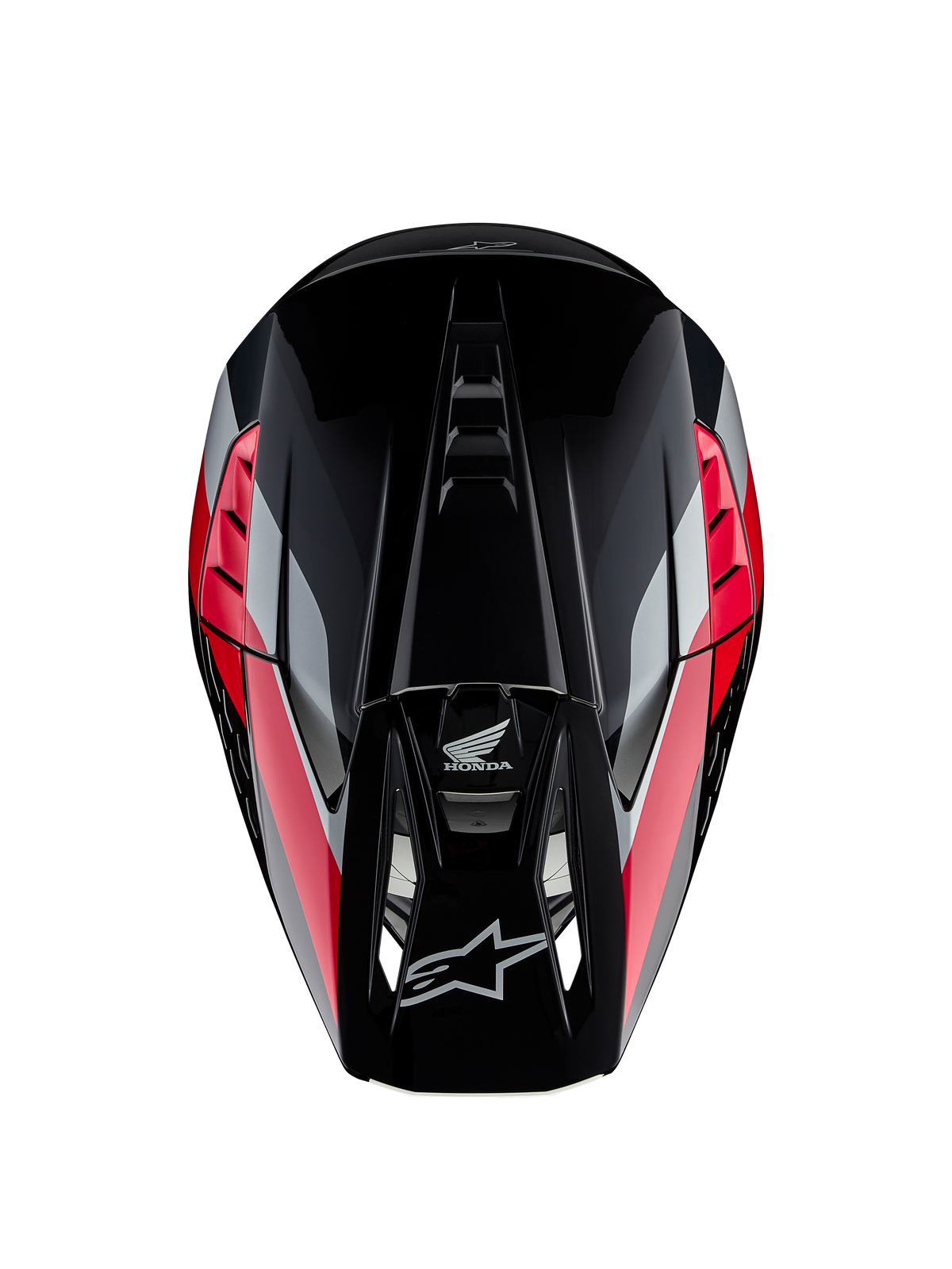 Casque Honda S-M5 ECE, casque de motocross, noir et rouge brillant avec bandes graphiques rouges et argentées, vue de dessus montrant la coque aérodynamique et la visière ventilée, logos Alpinestars et Honda, équipement tout-terrain haute performance