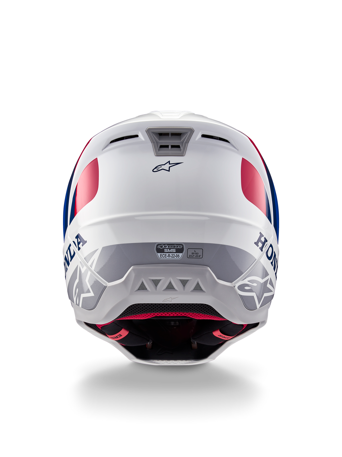 Casque Alpinestars Honda S-M5 ECE, casque de motocross, blanc, bleu et rouge brillant, vue arrière montrant les logos Honda et Alpinestars, coque profilée avec ports d'échappement de ventilation intégrés et étiquette de certification ECE.
