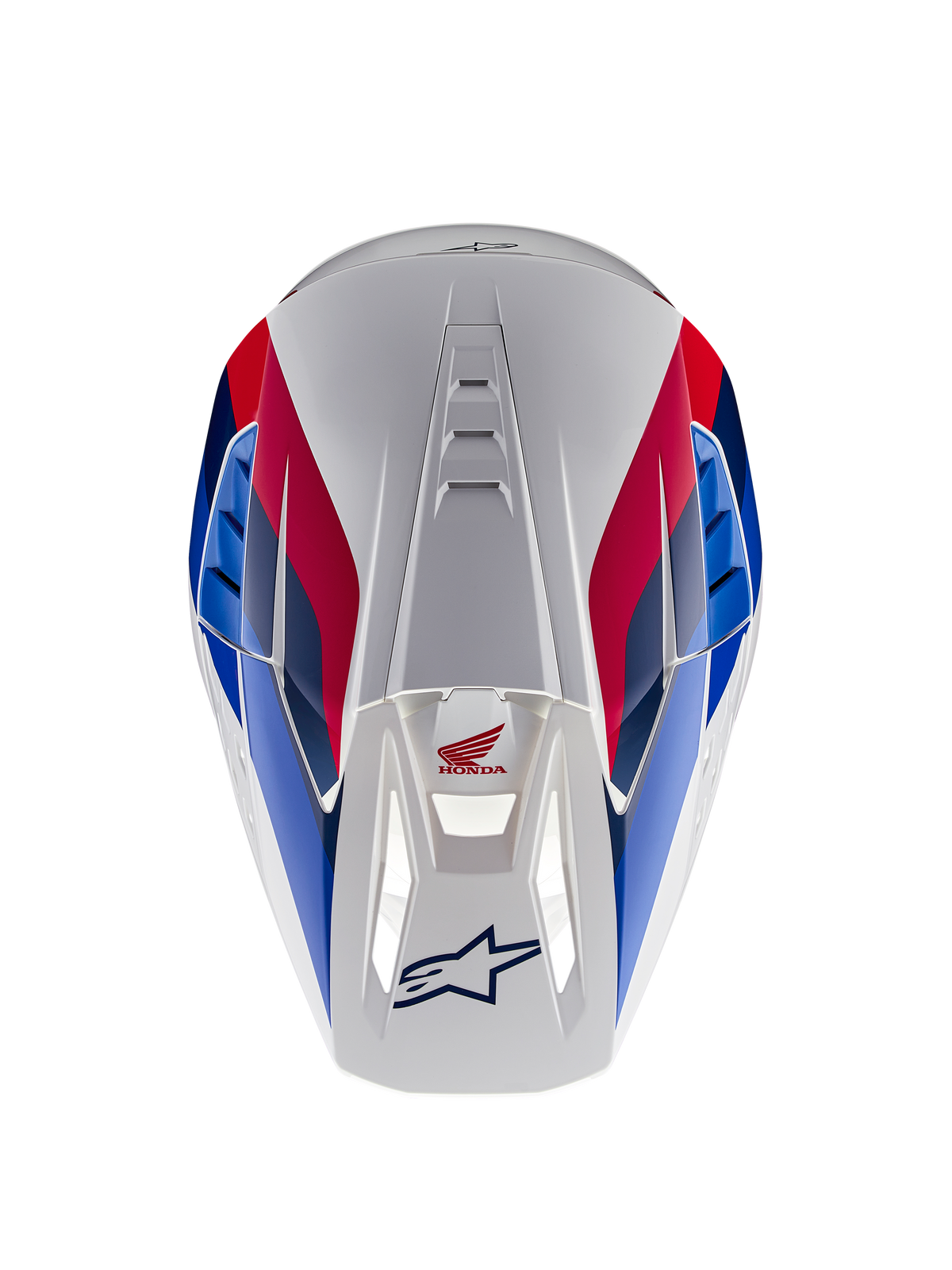 Casque Alpinestars Honda S-M5 ECE, casque de motocross, blanc, bleu et rouge brillant, vue de dessus mettant en évidence les canaux de ventilation, avec des graphismes rouges et bleus et les logos Honda et Alpinestars