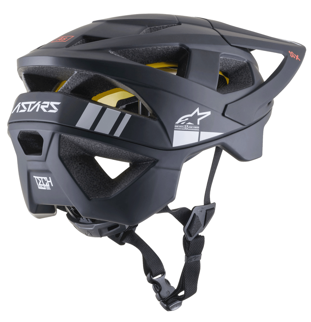Casque VTT Alpinestars Vector Tech A1, casque de vélo tout-terrain, noir mat avec des accents gris clair, profil latéral-arrière montrant les ouvertures de ventilation, logo étoile Alpinestars blanc, marquage ASTARS et doublure MIPS jaune visible, doté d'une jugulaire noire réglable.