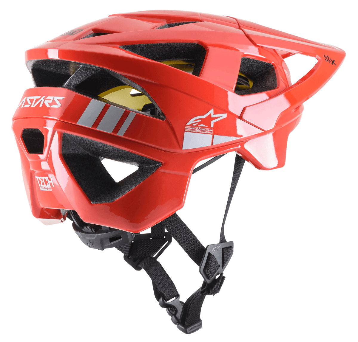 Alpinestars Vector Tech A2 MTB Helmet, Mountain Bike Helmet, Bright Red and Light Gray Glossy, featuring 19 ventilation openings, white logo branding, yellow MIPS liner, and adjustable black chin strap, durable and lightweight for off-road protection