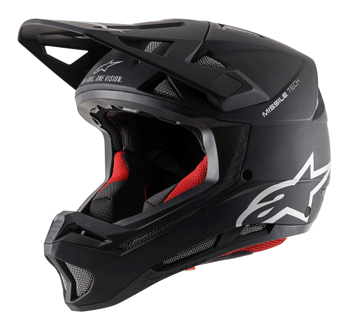 Alpinestars Missile Tech Solid Helm, matzwarte full-face downhill MTB-helm met rode padding en mesh ventilatieopeningen.