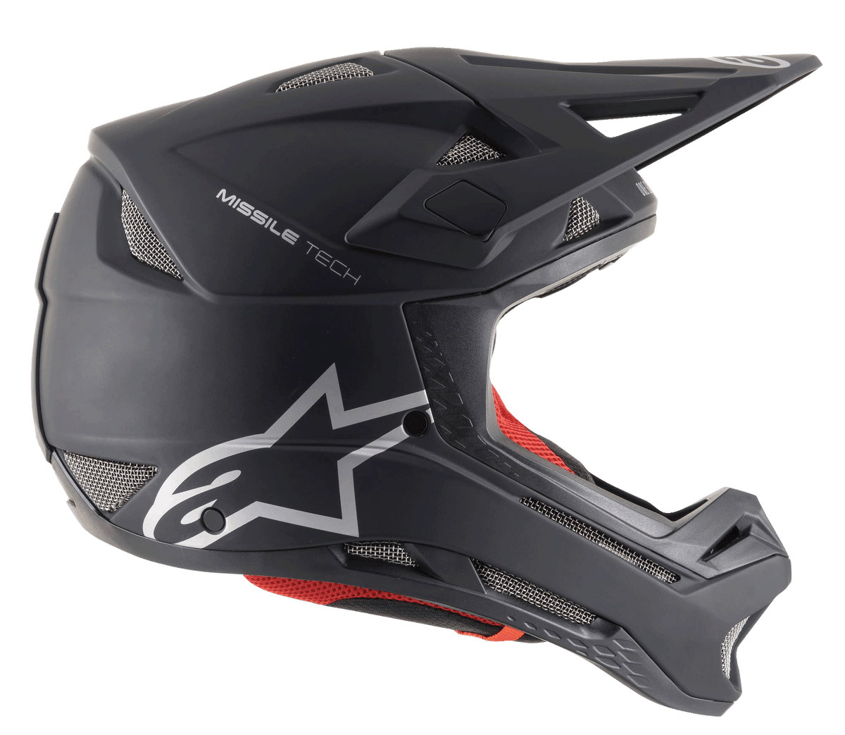 Alpinestars Missile Tech Solid Helm, mat zwart, full-face downhill MTB-helm met zilveren logo en mesh ventilatie.
