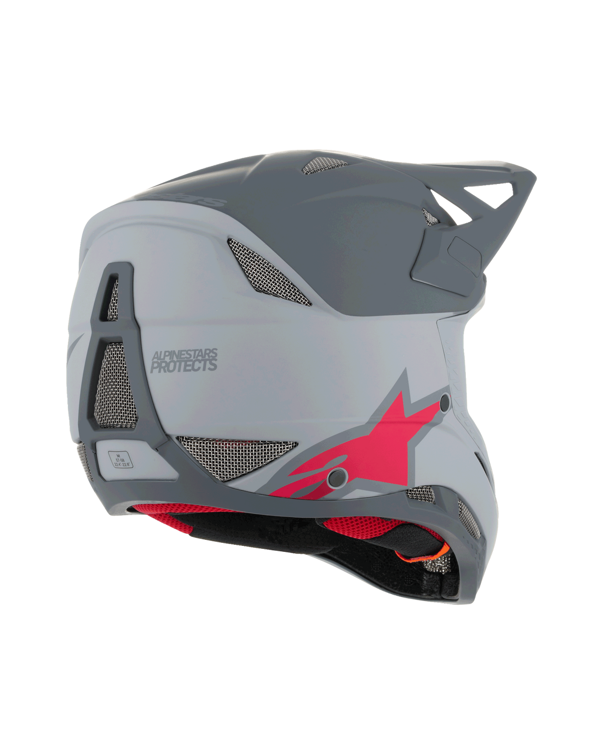 Alpinestars Missile Tech Racer helm, full face MTB-helm, lichtgrijs en donkergrijs mat met rood ster-logo, zijaanzicht van de achterkant met ventilatieroosters en gestroomlijnd profiel, bescherming voor downhill mountainbiken